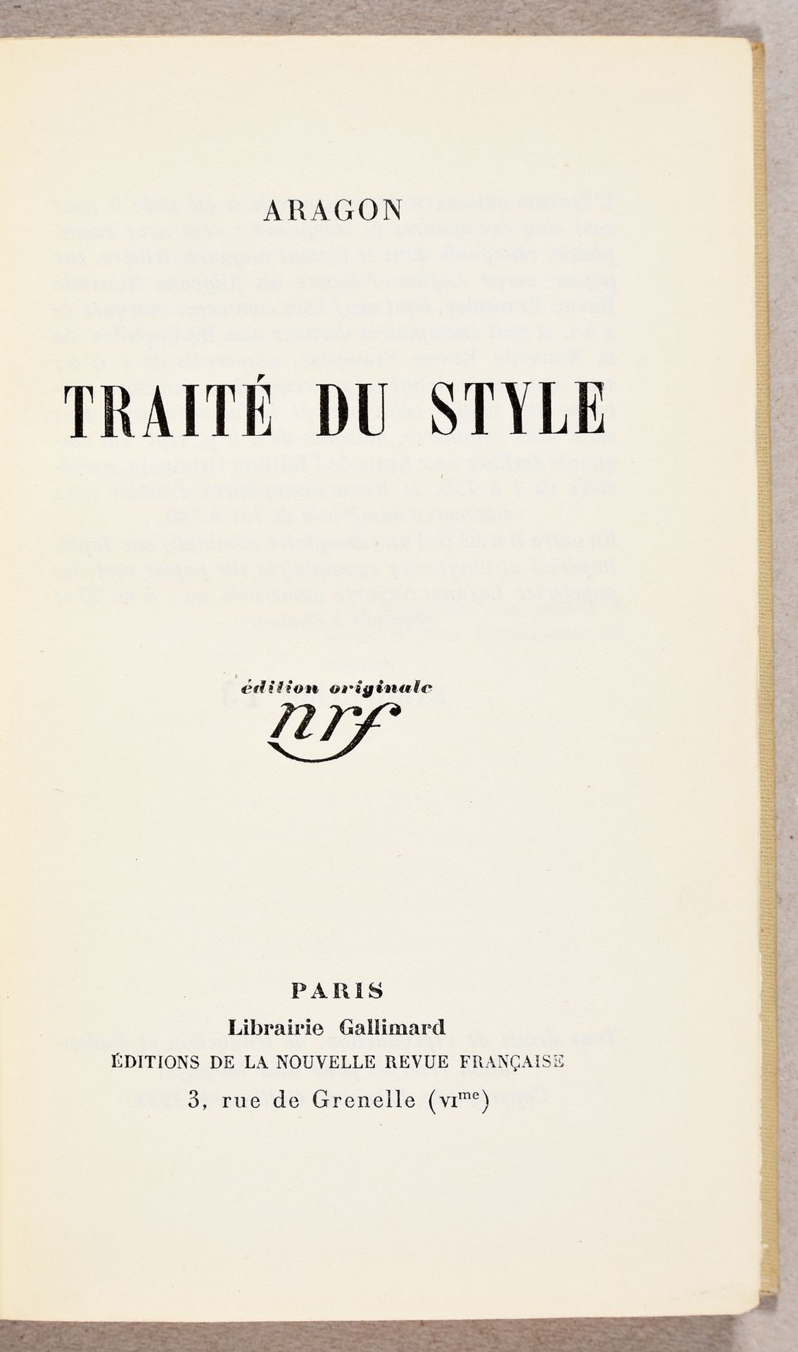Null ARAGON, Louis Traité du style. Paris Gallimard, nrf (1928) In-12. Bradel iv&hellip;