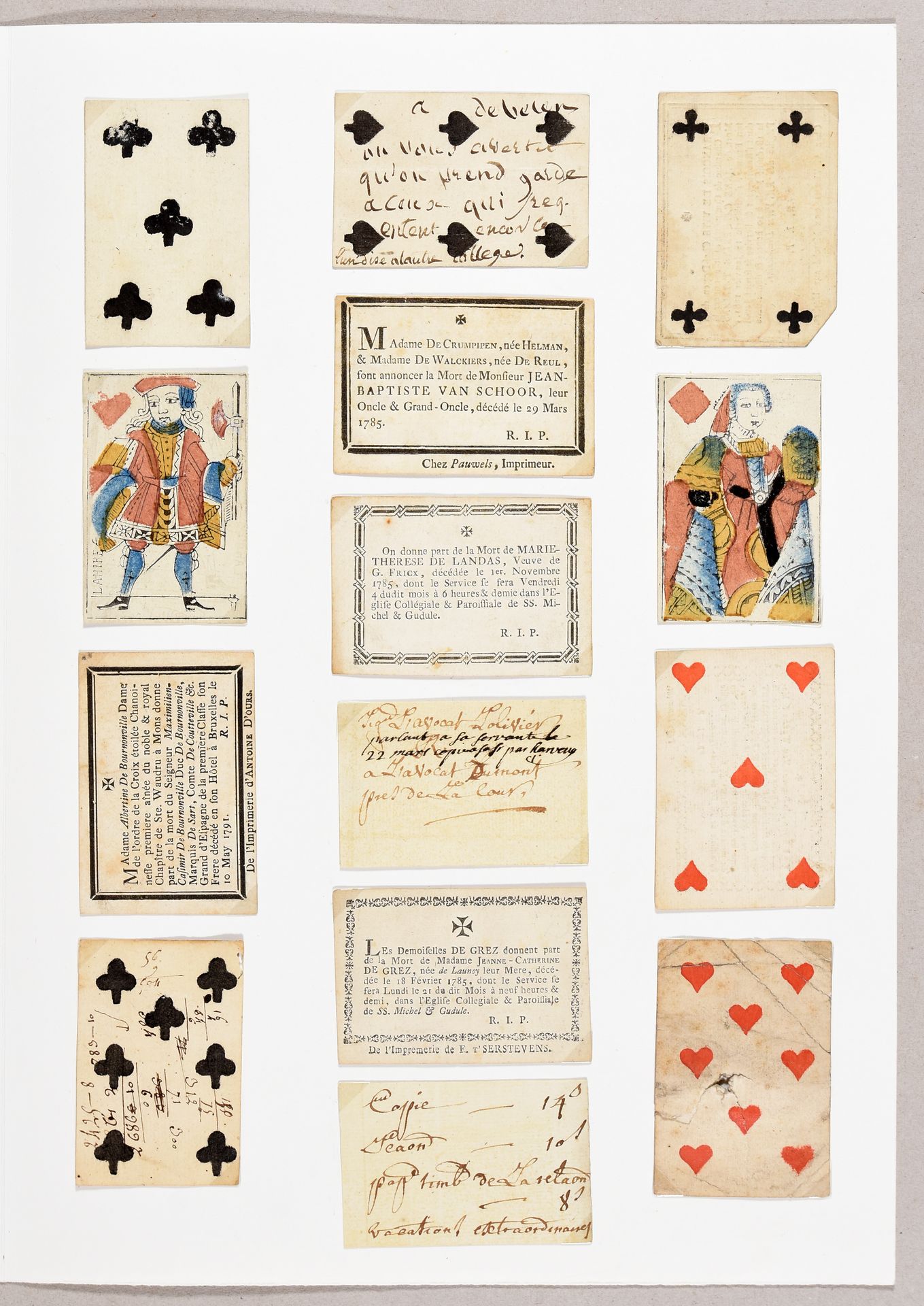 Null 28 cartes à jouer détournées. [C. 1759-1801] En pied, gravées sur bois et r&hellip;