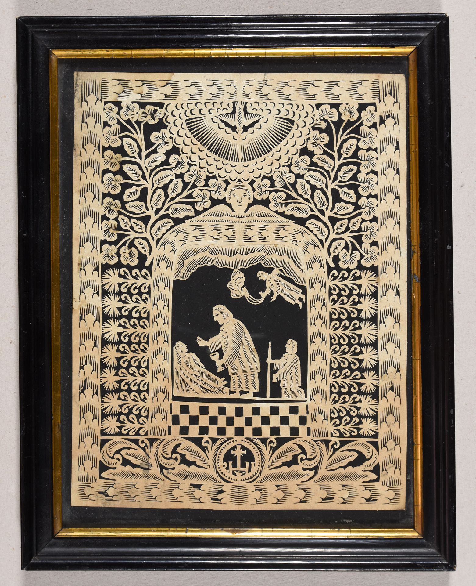 Null 膏药。19世纪的卡尼维特，黑色背景上的白纸，21,5 x 16,7厘米（有轻微水渍）。有框（不研究外框）。在一个精致的装饰性框架中，最后的圣餐的大而仔&hellip;