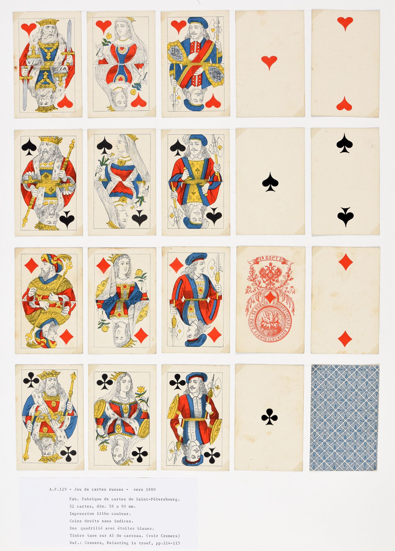 Null 俄罗斯纸牌游戏。[圣彼得堡帝国卡片厂约1880年] 双头，铬石，9 x 5.8厘米，方角，52张。书脊：有蓝色星星的正方形。安装在支撑页上的照片角下（&hellip;