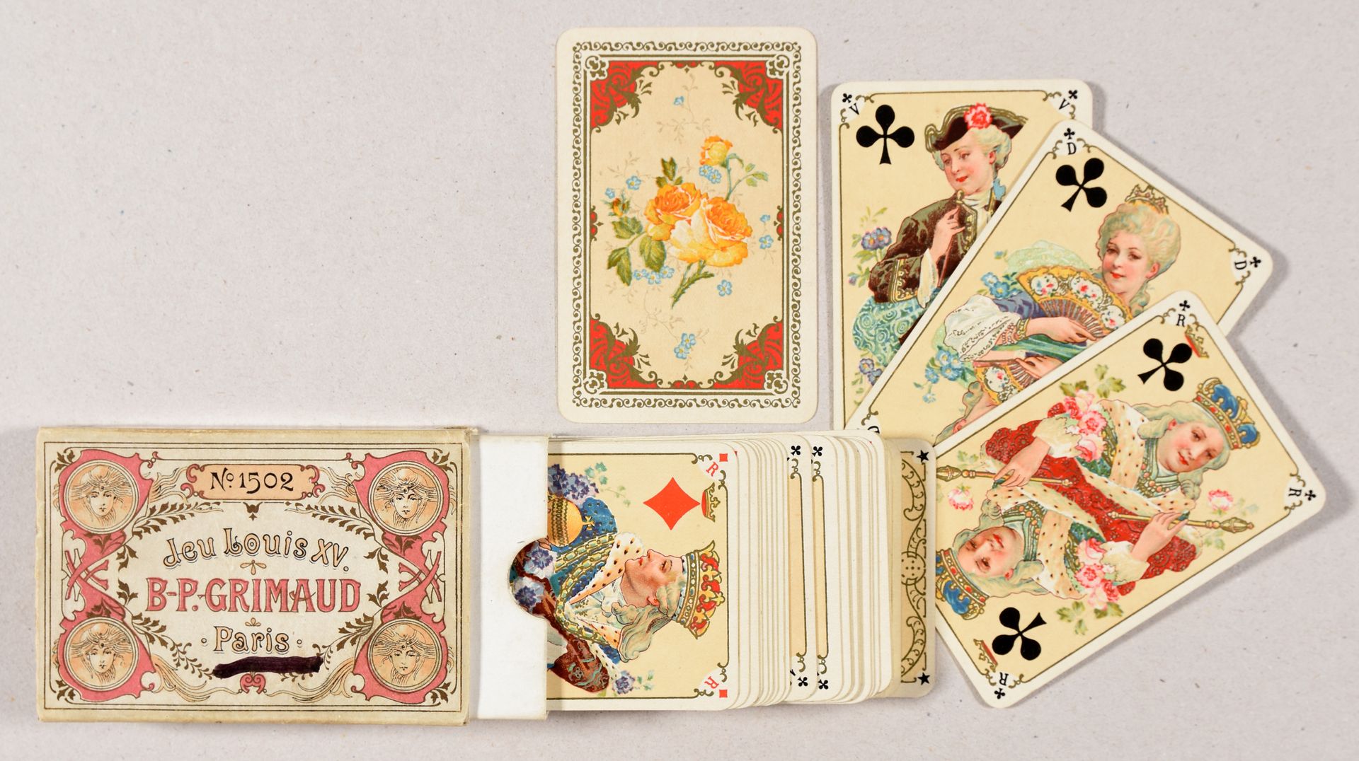 Null "Jeu Louis XV"。巴黎B.-P. Grimaud [约1890] 2头，铬石，9,2 x 6厘米，圆角，53张卡片+1张空白卡片，镀金三色&hellip;