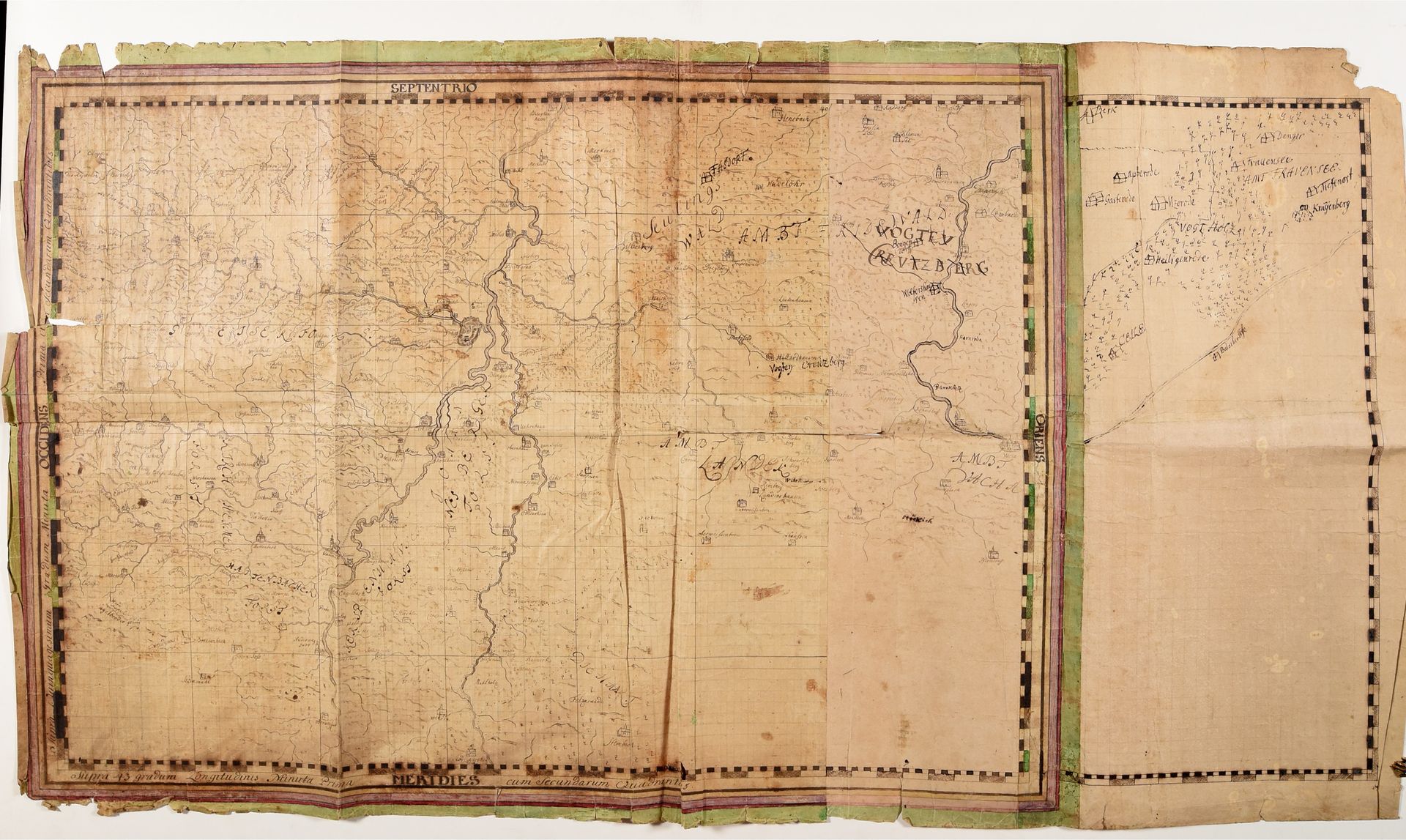 Null Hersfeld-Rotenburg区的部分区域地图。18世纪（？）绘图，钢笔和棕色墨水，水彩，纸上，62,5 x 110厘米（已严重变色和使用）。富&hellip;