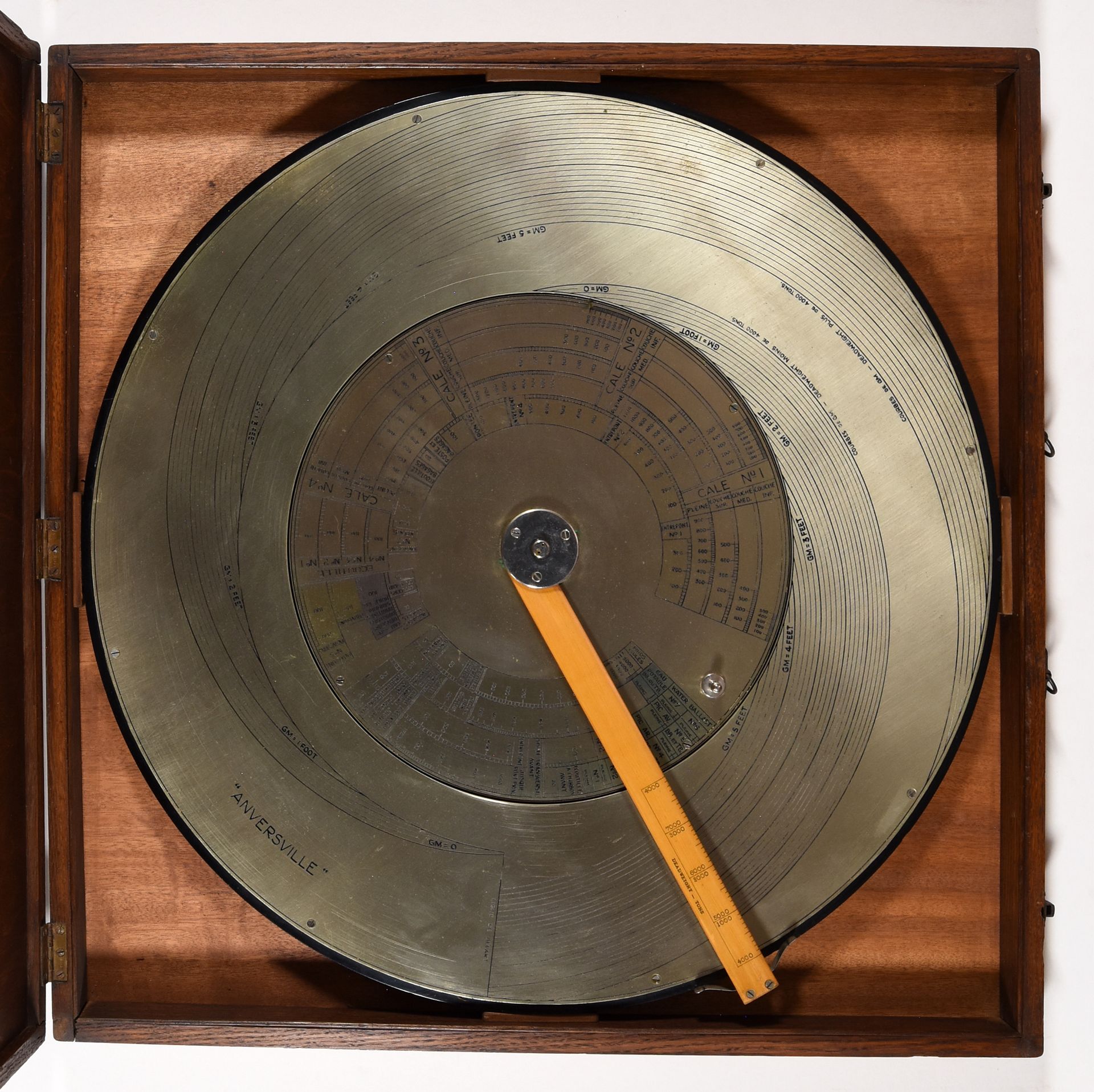 Null 来自 "Anversville "号的海军仪器。20世纪上半叶 电木（？）底座上的金属盘，直径60厘米，署名 "Anversville"，有木制表盘。&hellip;