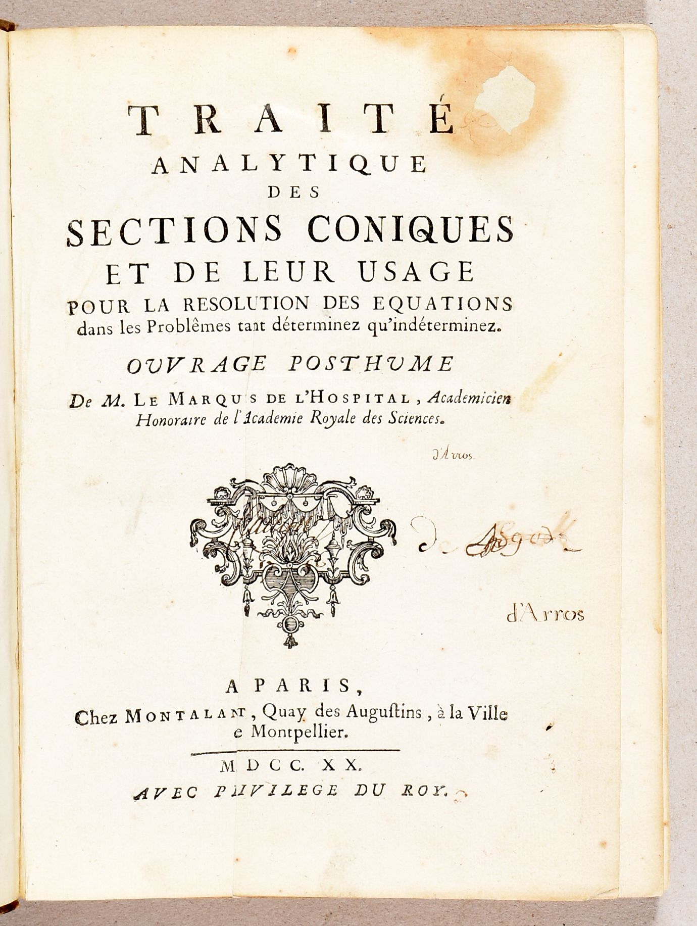 Null L'HOSPITAL, Guillaume François Antoine de Traité analytique des sections co&hellip;