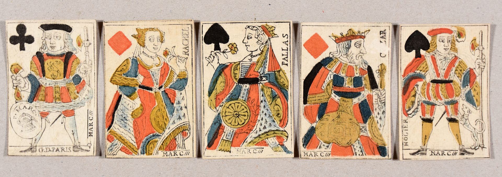 Null 巴黎的图案牌。巴黎P.Marc [约1775年] 木刻，52张卡片，8.3 x 5.5厘米，在硬水印纸上模版上色，制造商的名字 "Marc "在所有宫&hellip;