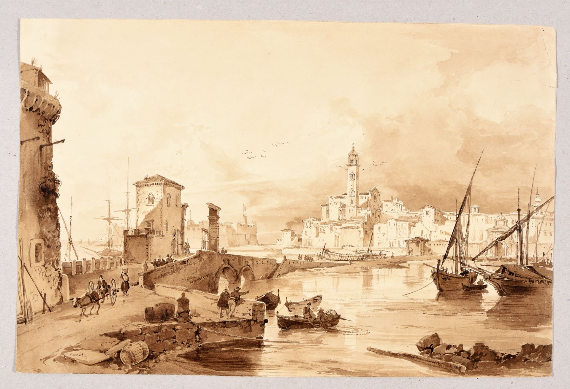 VIANELLI，Achille（后）2幅意大利风景画。19世纪铅笔，画笔和深褐色  image