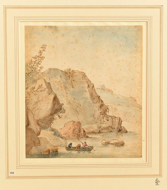 Null [A coastal scene with a cliff and fishing boat]. Pen and brown ink, brown w&hellip;
