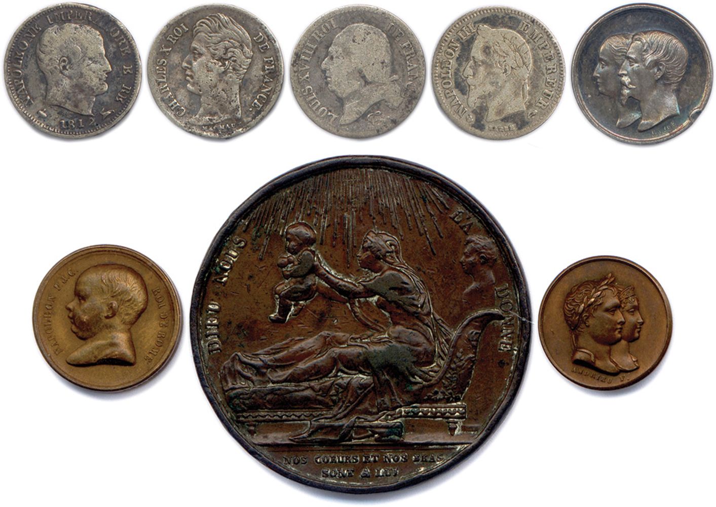 Null HUIT monnaies (4) et médailles (4) françaises : 5 Soldi de Napoléon Ier roi&hellip;