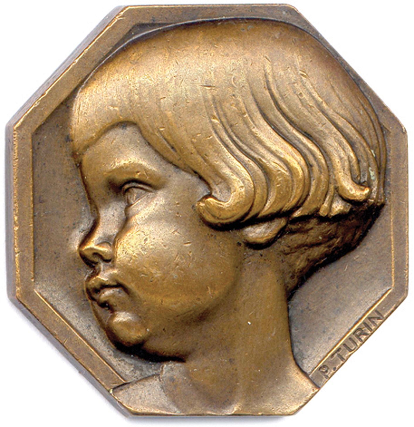 Null Médaille octogonale en bronze de Pierre Turin non datée (1934) « l’Enfance &hellip;