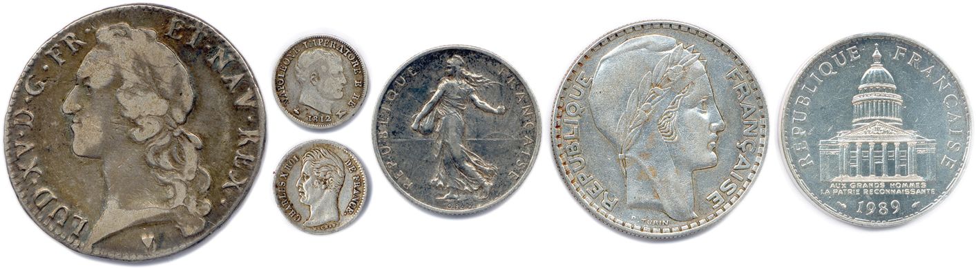 Null SIX monnaies françaises en argent : écu au bandeau de Louis XV 1765 Aix, 5 &hellip;