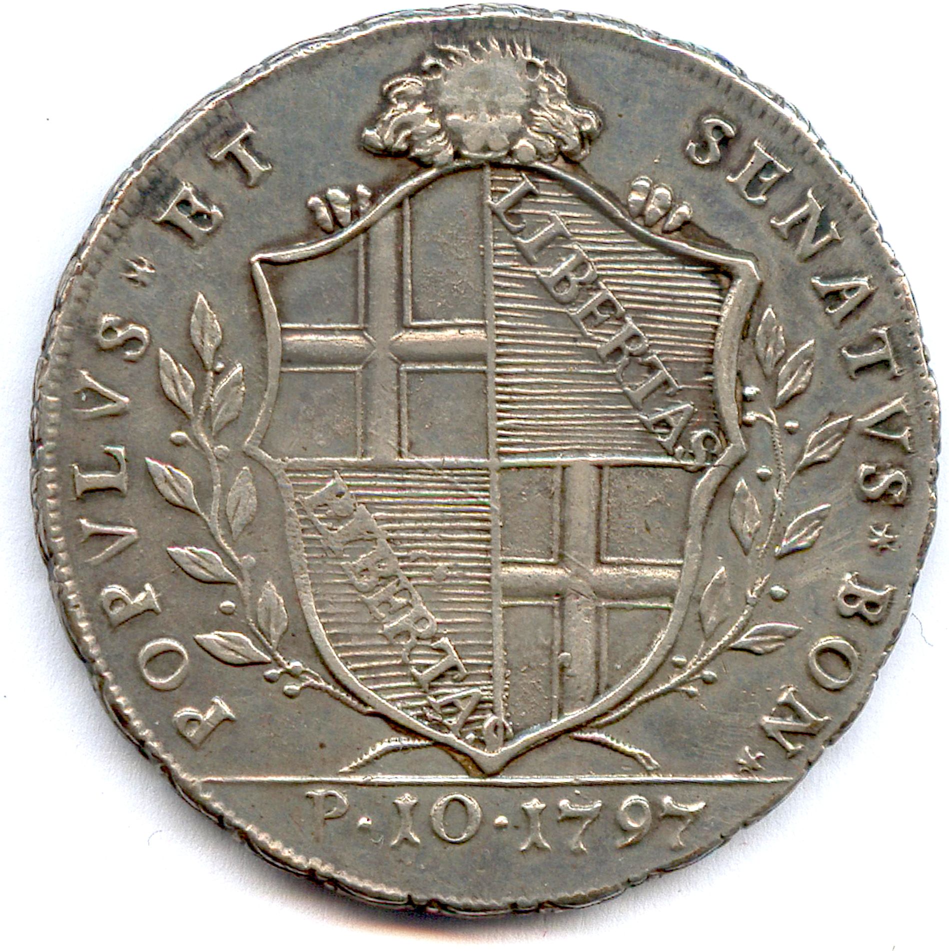 Null 博洛尼亚人民政府

1796年6月23日-1797年2月19日

1797年，银质的10paoli Scudo。

(29,03 g) VG 555
&hellip;