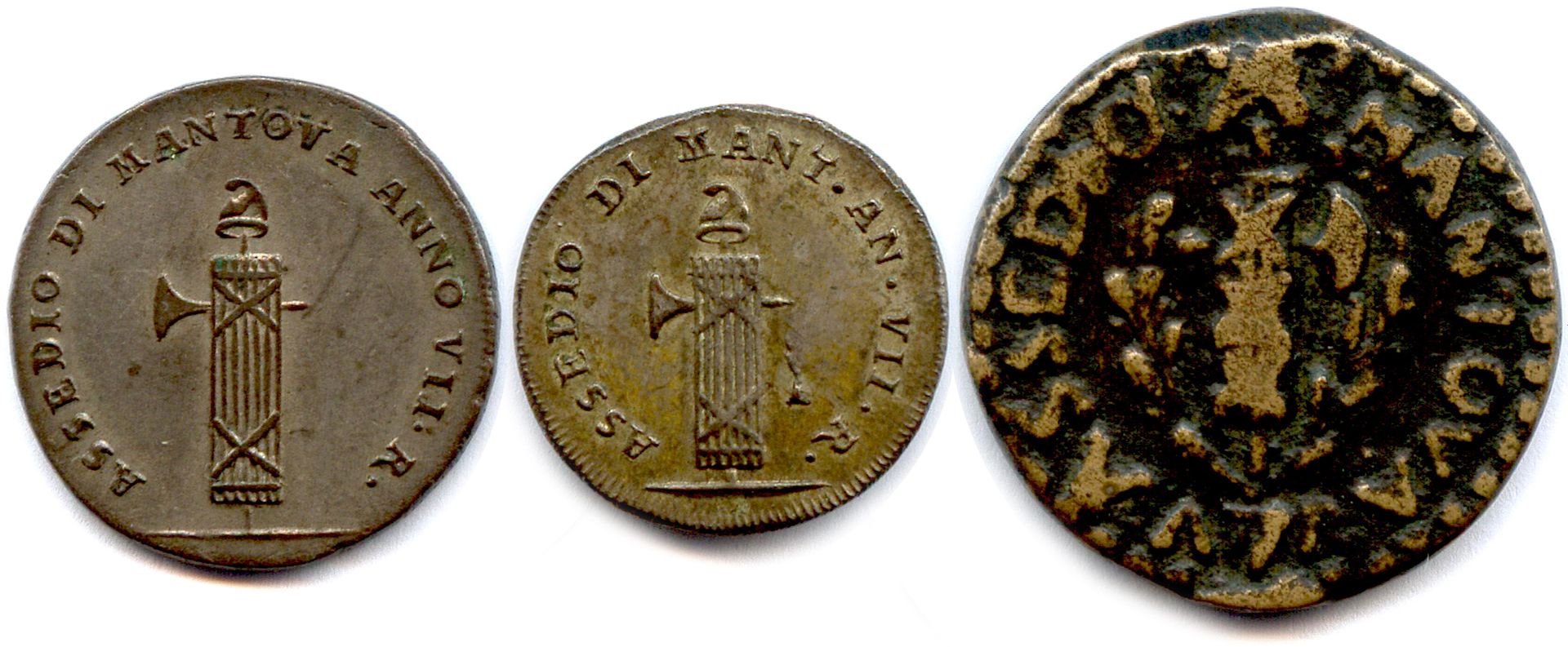 Null 奥地利人围攻曼图伊，1799年7月30日投降

三枚硬币（2枚钞票和1枚铜币）：1799年米兰的X索尔迪（罕见），1799年米兰的5索尔迪和1799年&hellip;