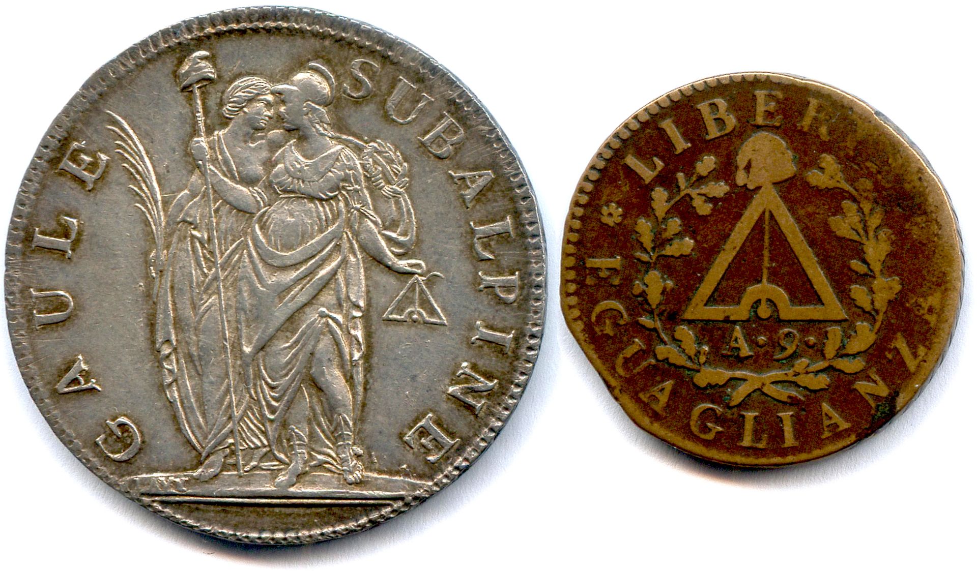Null SUBALPINE GAULE的主要地点都灵1800年6月16日-1802年9月11日

两枚硬币：10年都灵银币5法郎（极品）和9年铜币Soldi到&hellip;