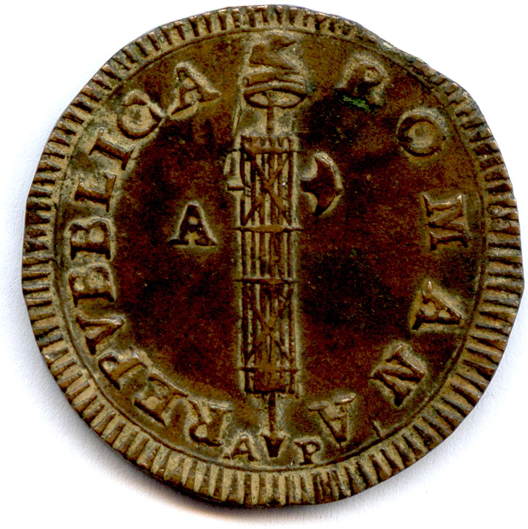Null 1798-1799年罗马共和国

Due Baiocchi无日期（1798年）。安科纳。

(13,26 g) VG 726

罕见。不规则的法兰盘。&hellip;