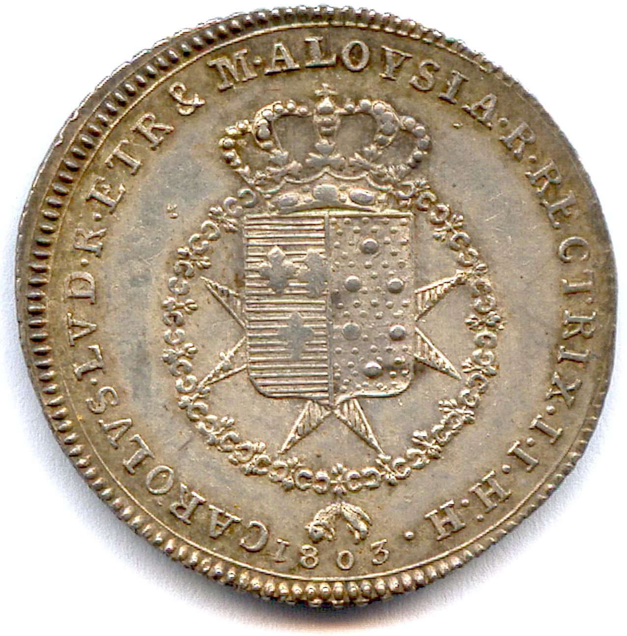 Null 查尔斯-路易斯-德-波旁

STRUCTURE国王和MARIE-LOUISE摄政王

1803-1807

Una Lira银1803。

(3,94&hellip;
