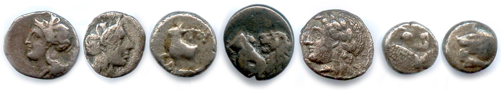 Null 希腊

七枚小模数的希腊银币

(Dioboles和Tetroboles)，主题是狮子和公牛。

卡拉布里亚-塔兰托，卢卡尼亚-图里姆，爱奥尼亚，米利&hellip;