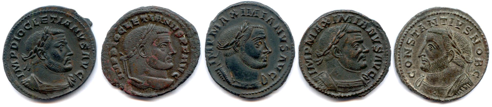 Null 罗马帝国

五枚罗马铜币（Folles）。

戴克里先、马克西米安-赫拉克勒斯和康斯坦丁-克罗尔（特里尔、亚历山大、里昂）。

非常好。