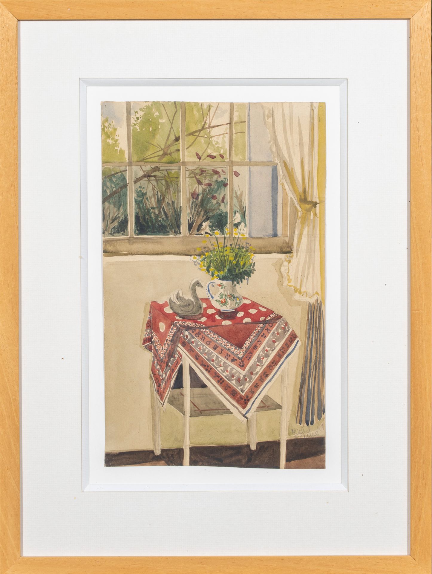 Null 米歇尔-法尔（1928-2009）。

有一束花的室内，1949年。

水彩画。右下方有签名和日期49。

34 x 20,5 cm。

玻璃下的框架&hellip;