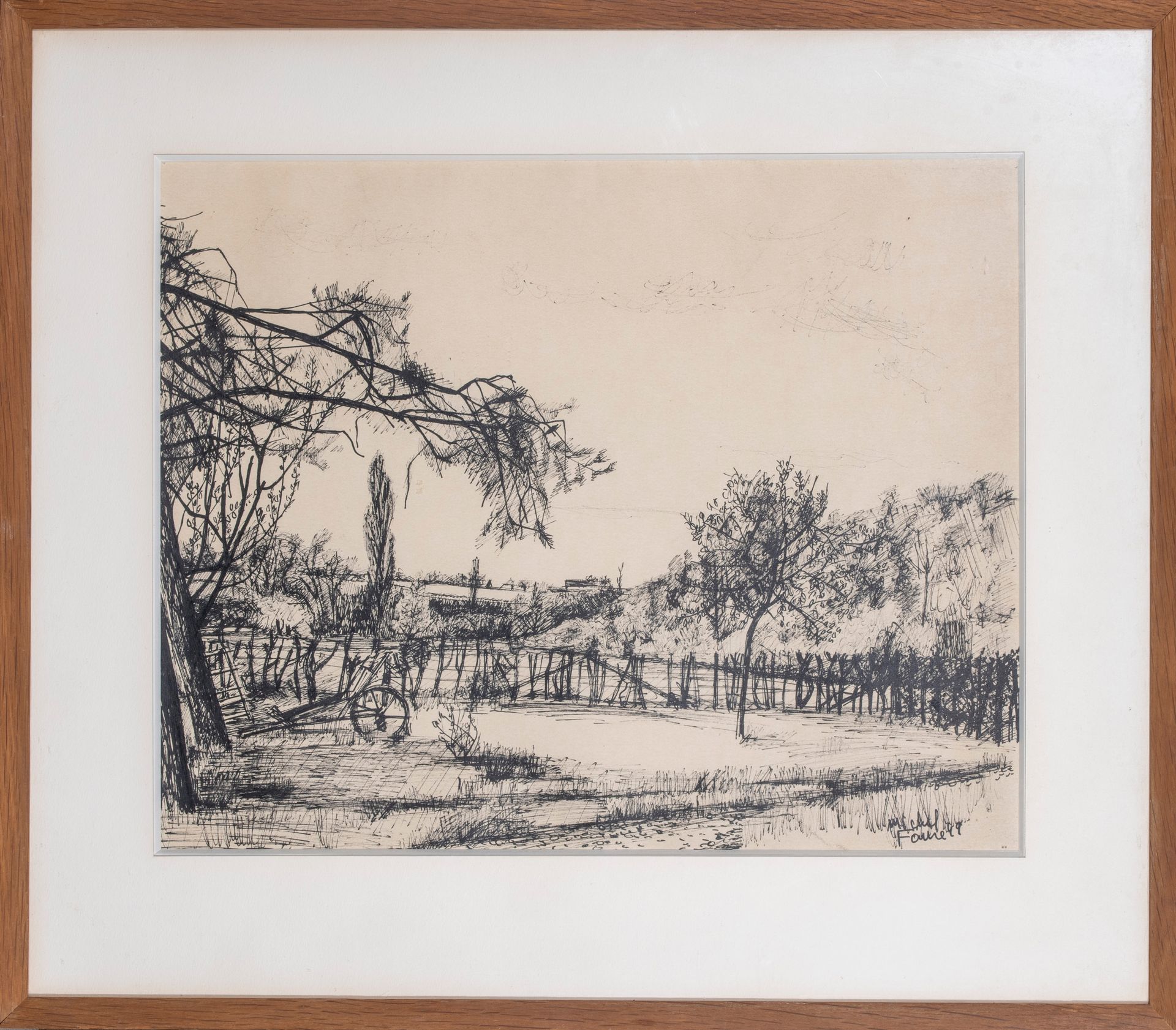 Null 米歇尔-法尔（1928-2009）。

夏莱花园，1949年。

墨水。右下方有签名和日期49。

32 x 40厘米。

玻璃下的框架。