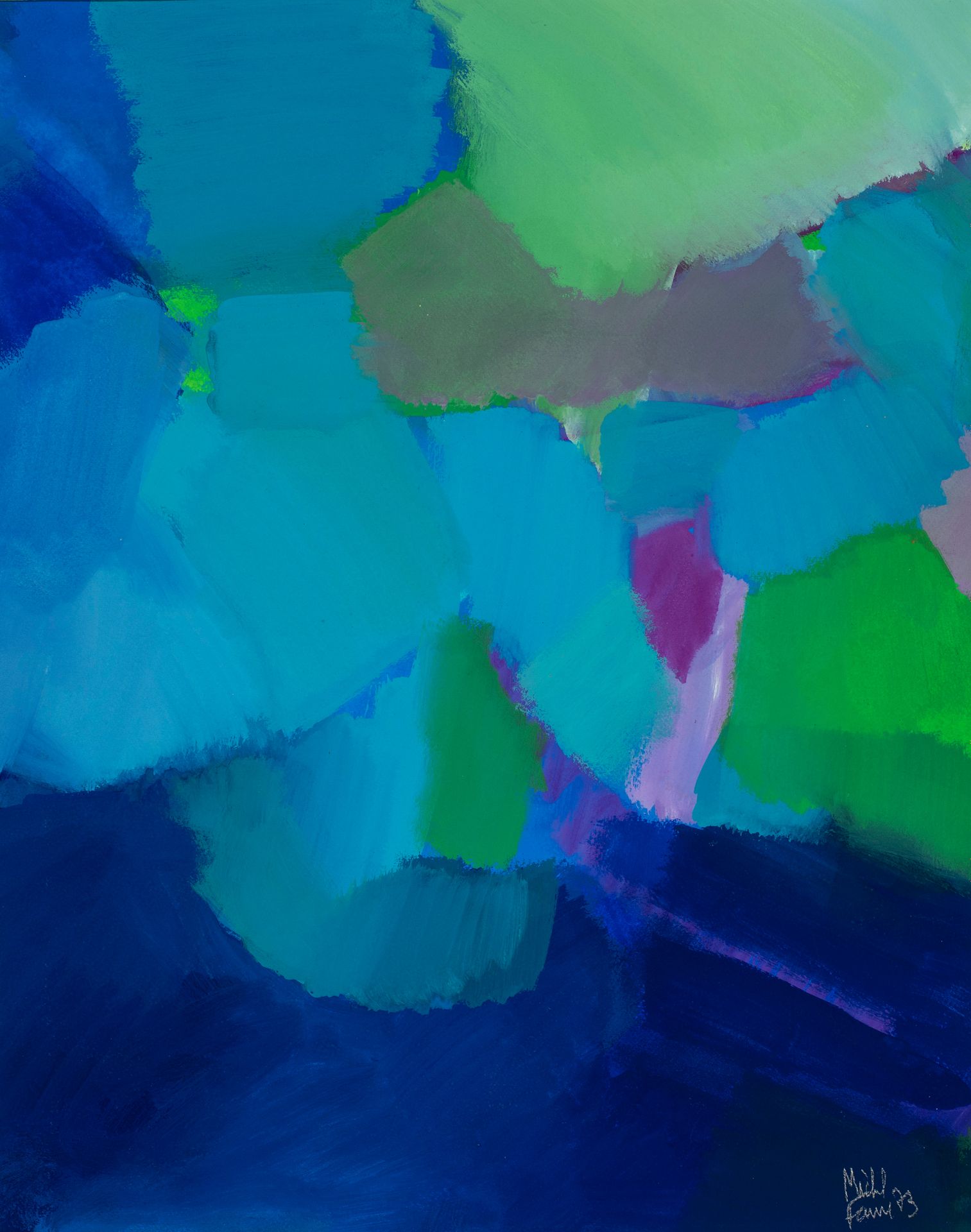 Null 米歇尔-法尔（1928-2009）。

蓝色和绿色组成，1973年。

水粉画。右下方有签名和日期73。

41 x 33厘米。