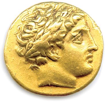 Null 马其顿王国 - 菲利普二世359-336年

阿波罗的桂冠头像。R/。 ΦΙΛΙΠΠOY。一大群马在一个战车管理员的带领下飞速前进。在马的下面，坎特雷&hellip;