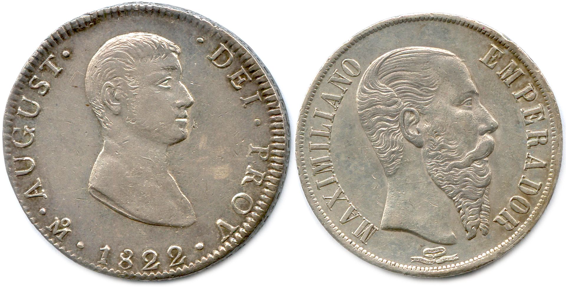 Null 墨西哥

两枚银币：8雷亚尔1822年墨西哥奥古斯丁-伊图尔维德（1822-1823）。

比索 1866年 墨西哥 奥地利的马克西米利安（1864-&hellip;