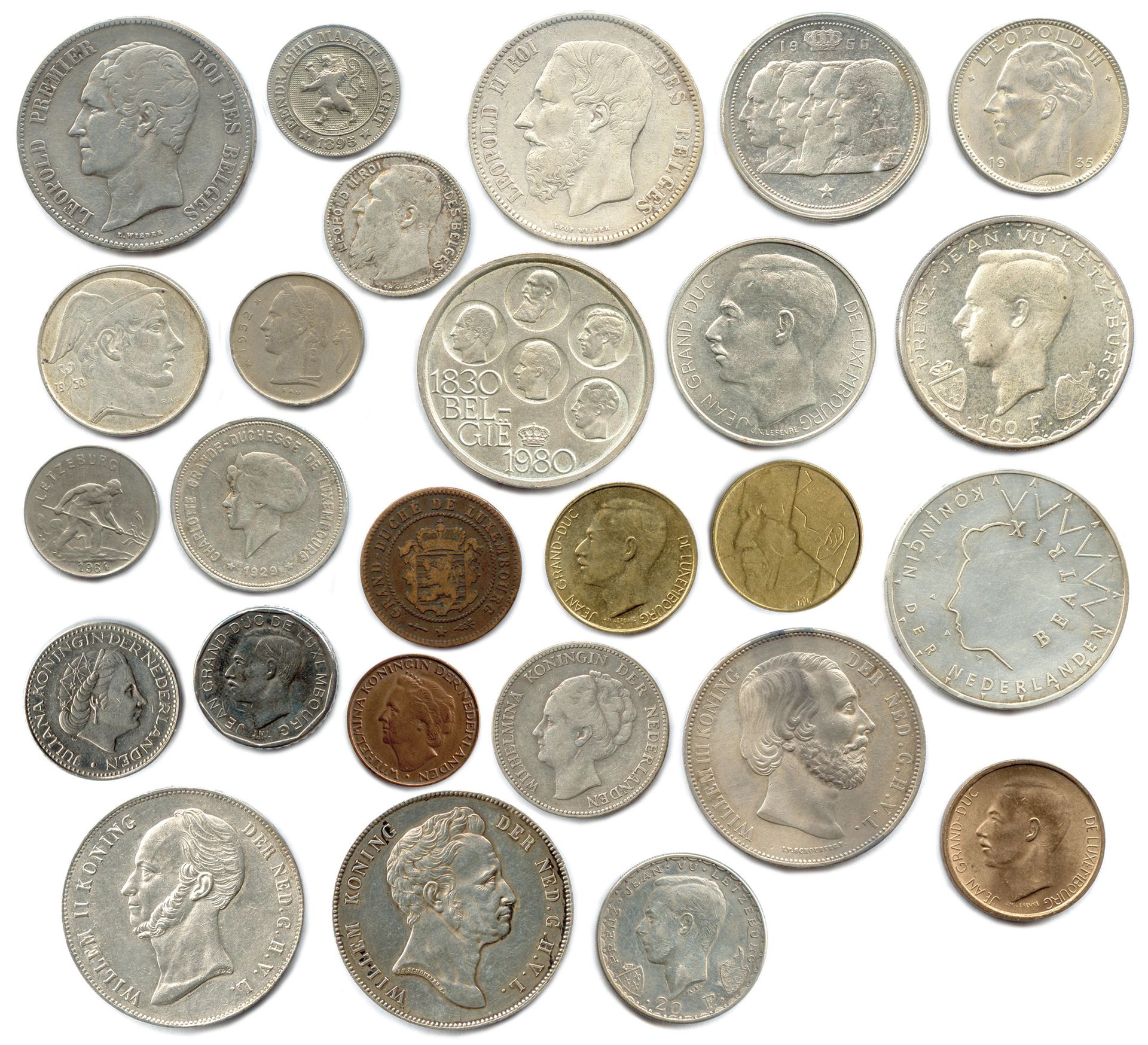 Null 一批25枚现代银币和其他金属硬币：比利时、卢森堡、荷兰。

很好。T.B. 非常好。极好的。