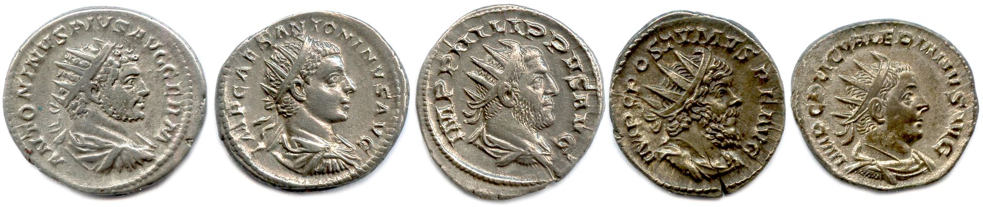 Null 五枚安东尼银币和钞票：卡拉卡拉、伊拉加巴鲁斯、阿拉伯人菲利普、普修默斯、瓦勒里安。

很好。T.B. 非常好。