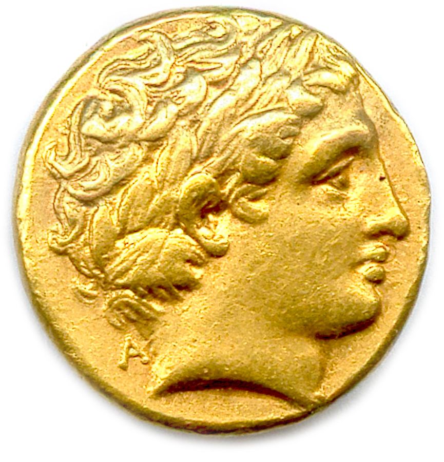 Null 马其顿王国--菲利普二世359-336年

阿波罗的桂冠头像。颈后，A.R/.马的米字形，由一个战车手带领全速奔跑。

下面是一个雷鸣般的响声。纹饰中&hellip;