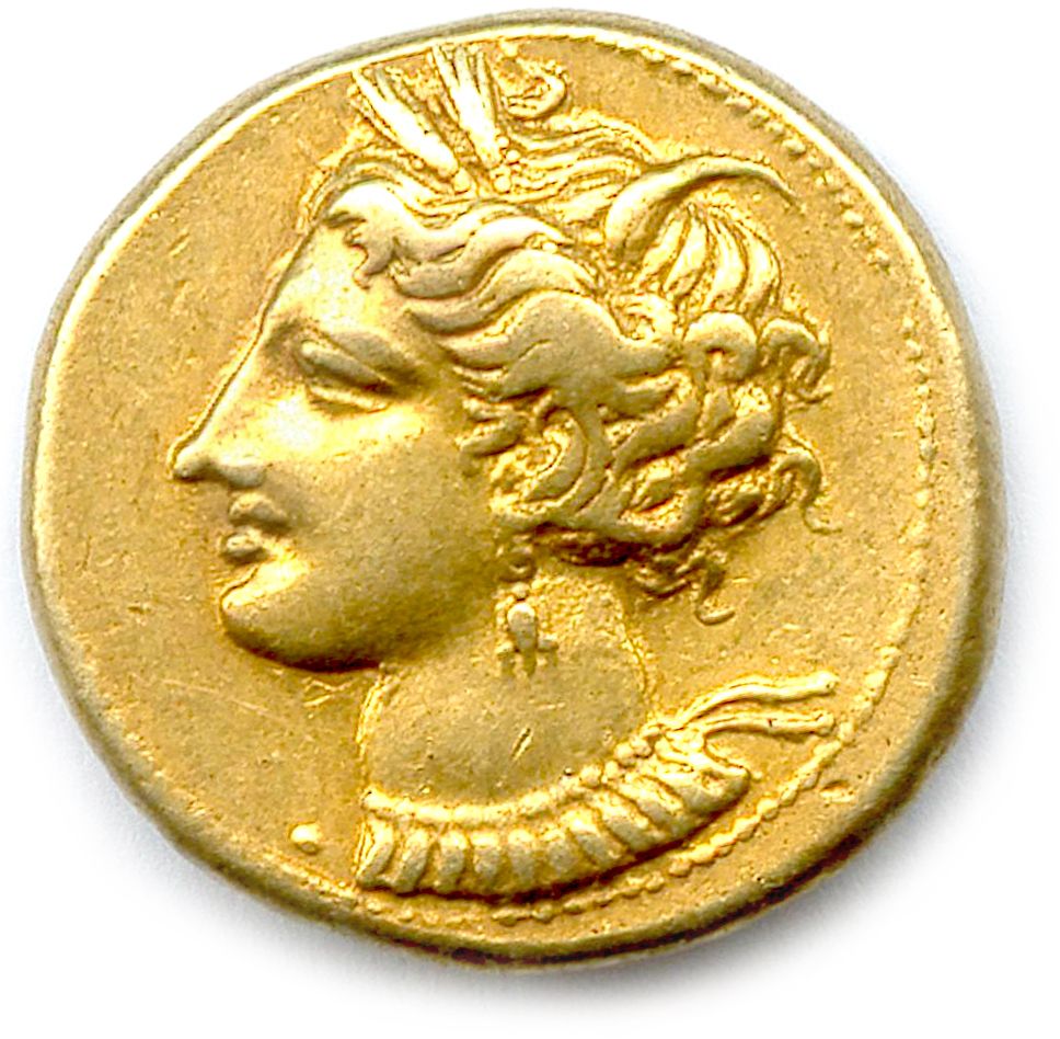 Null Zeugitane - Carthage 320-310

左边是塔尼特的头像，头戴玉米穗，身上有珠宝装饰。点在脖子前面。

R/. 自由马站在右边。&hellip;