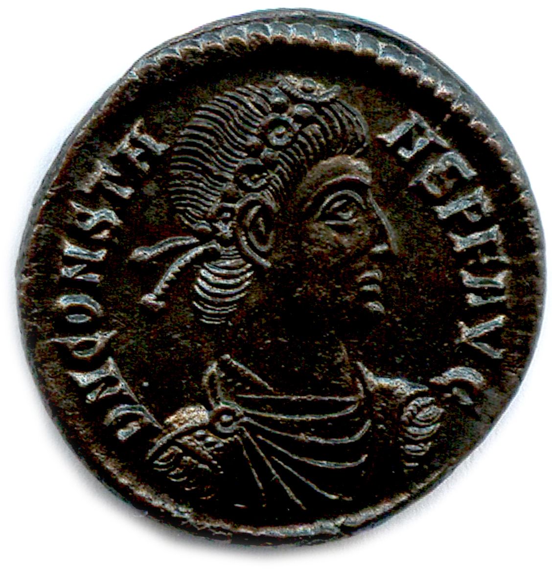 Null 康斯坦丁一世 337年9月9日-350年2月27日

d n constans p f avg.他的半身像有头饰，右侧有披肩，有盔甲。

r/. Fe&hellip;