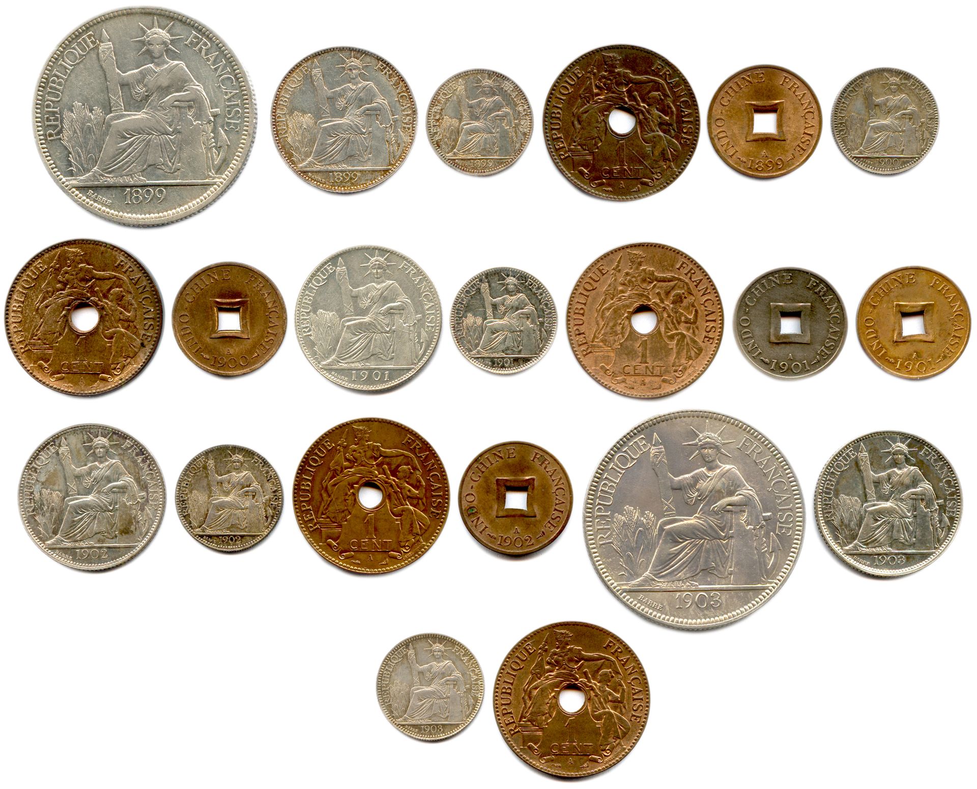 中国大陆1899年至1903年的21枚硬币（11枚900°/°或835°/°的银币和10枚铜