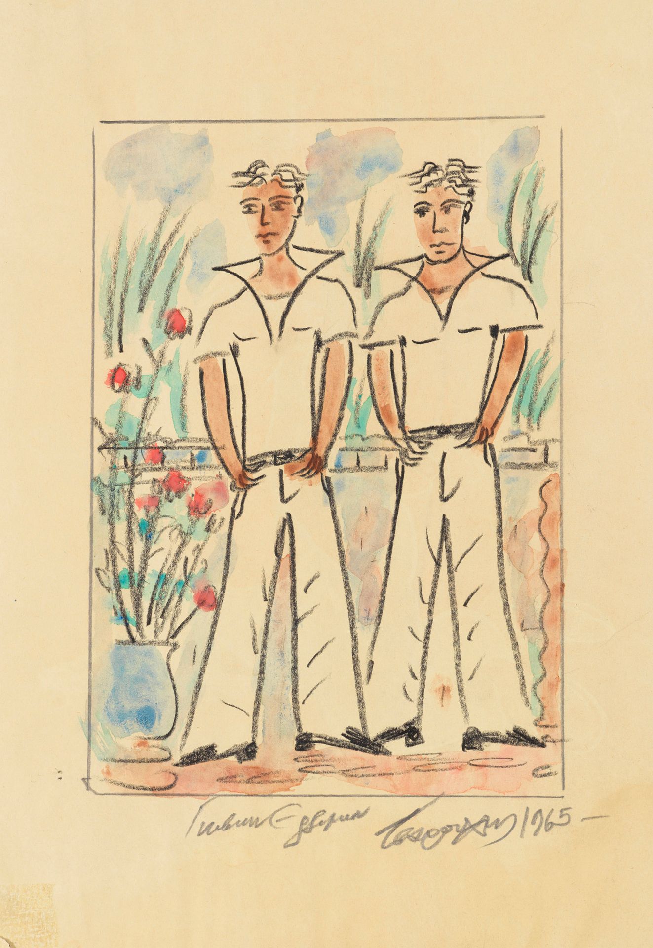 Yannis TSAROUCHIS Yannis TSAROUCHIS (1910-1989) - 水手 - 铅笔和水彩画 - 签名右下和日期1965 - 28&hellip;