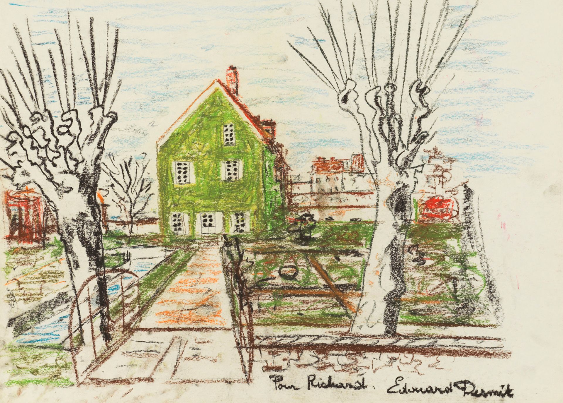 Édouard DERMIT Édouard DERMIT (1925-1995)- Maison dans un paysage - Pastel gras &hellip;