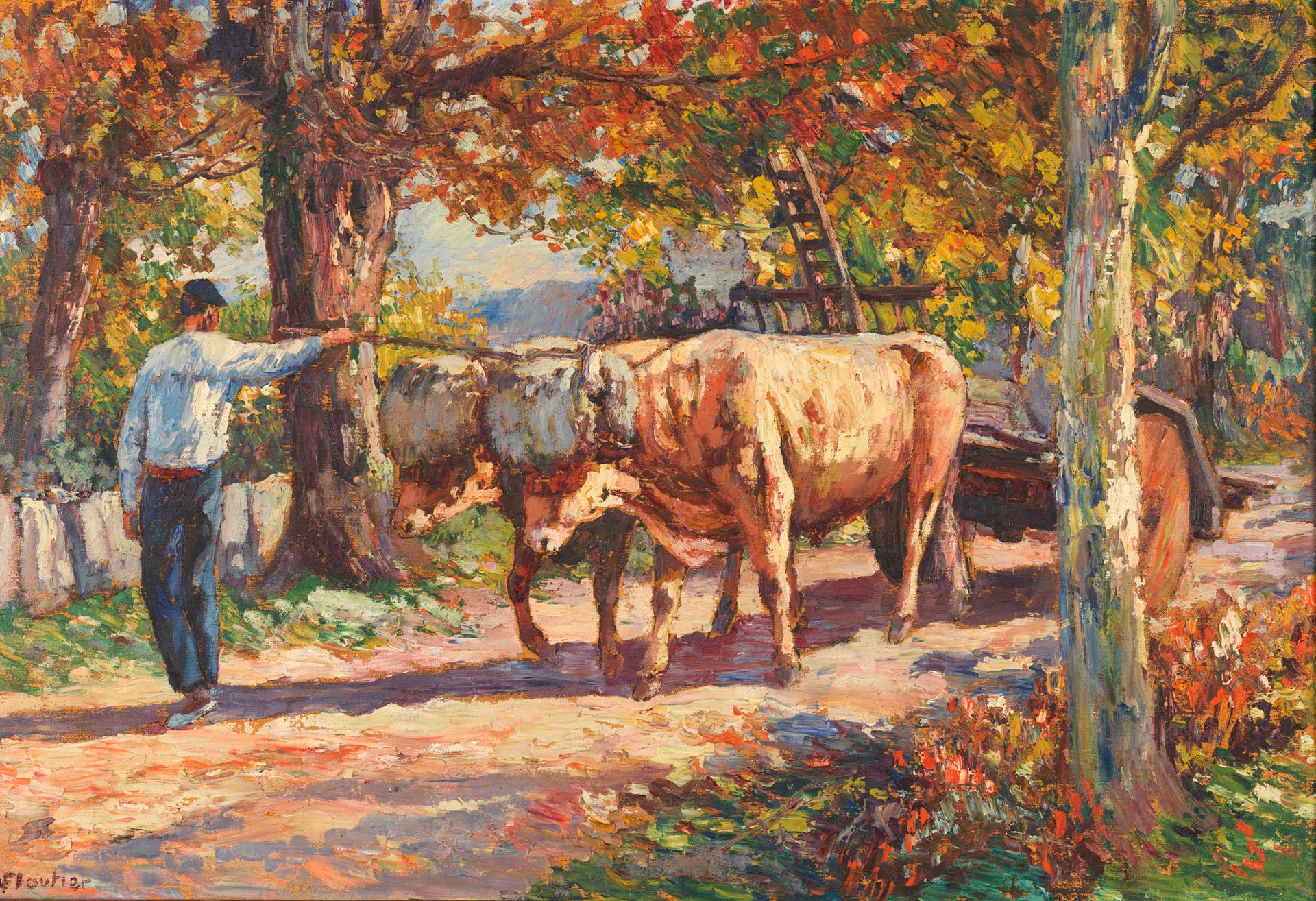 Louis FLOUTIER Louis FLOUTIER (1882-1936)- 车和牛 - 布面油画，左下角有签名 - 50 x 73 cm