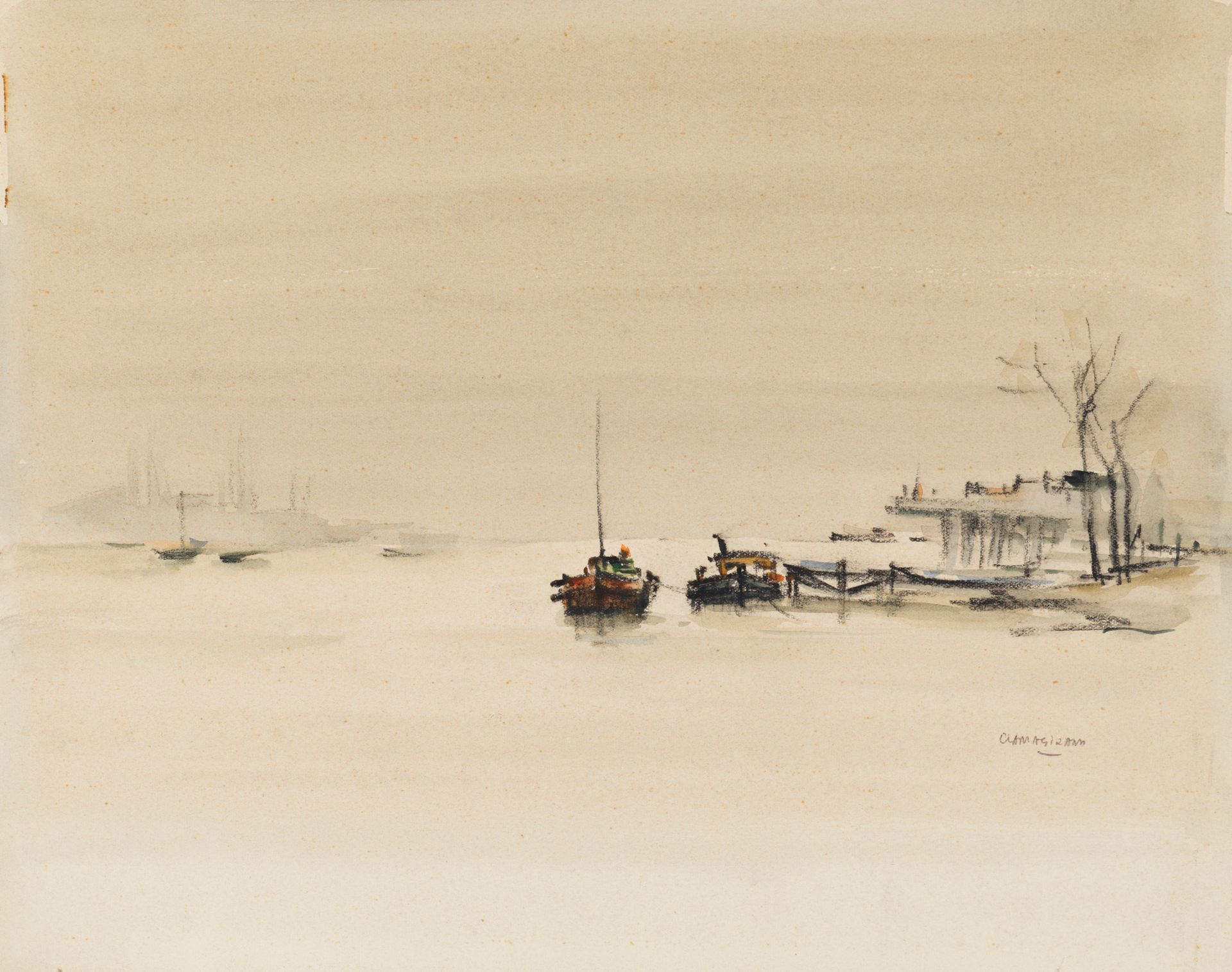Roger CLAMAGIRAND 
Roger CLAMAGIRAND (1920-1979) - Barges moored - Watercolor an&hellip;