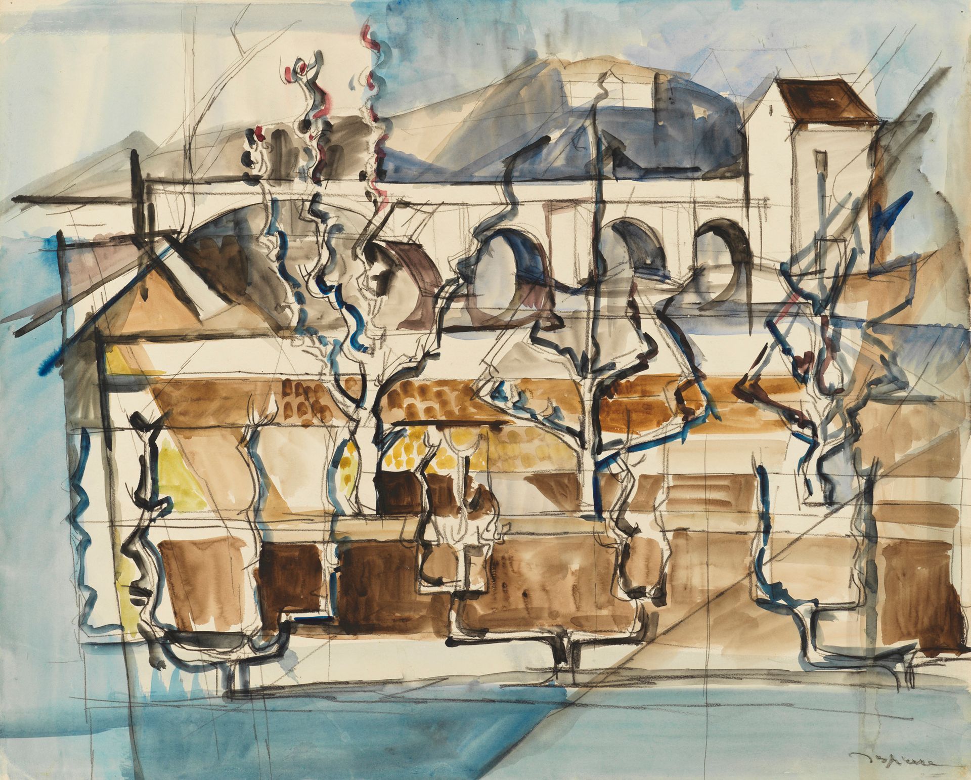 Jacques DESPIERRE Jacques DESPIERRE (1912-1995) - 橄榄树和房子 - 水彩和铅笔 - 右下方有签名和献词 - 4&hellip;