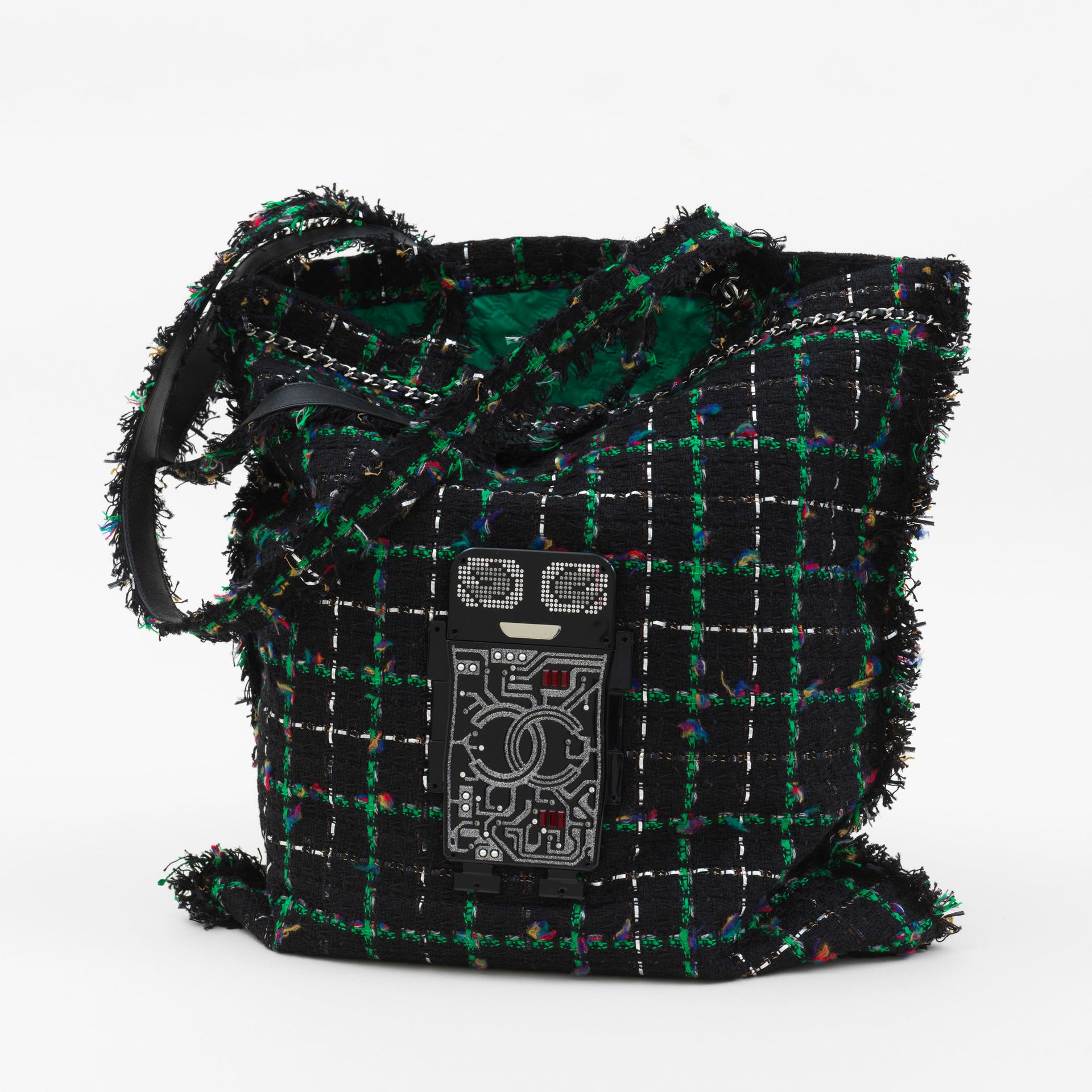 Chanel CHANEL - Cabas d'épaule en tweed de laine vert et noir entrelassé de fils&hellip;