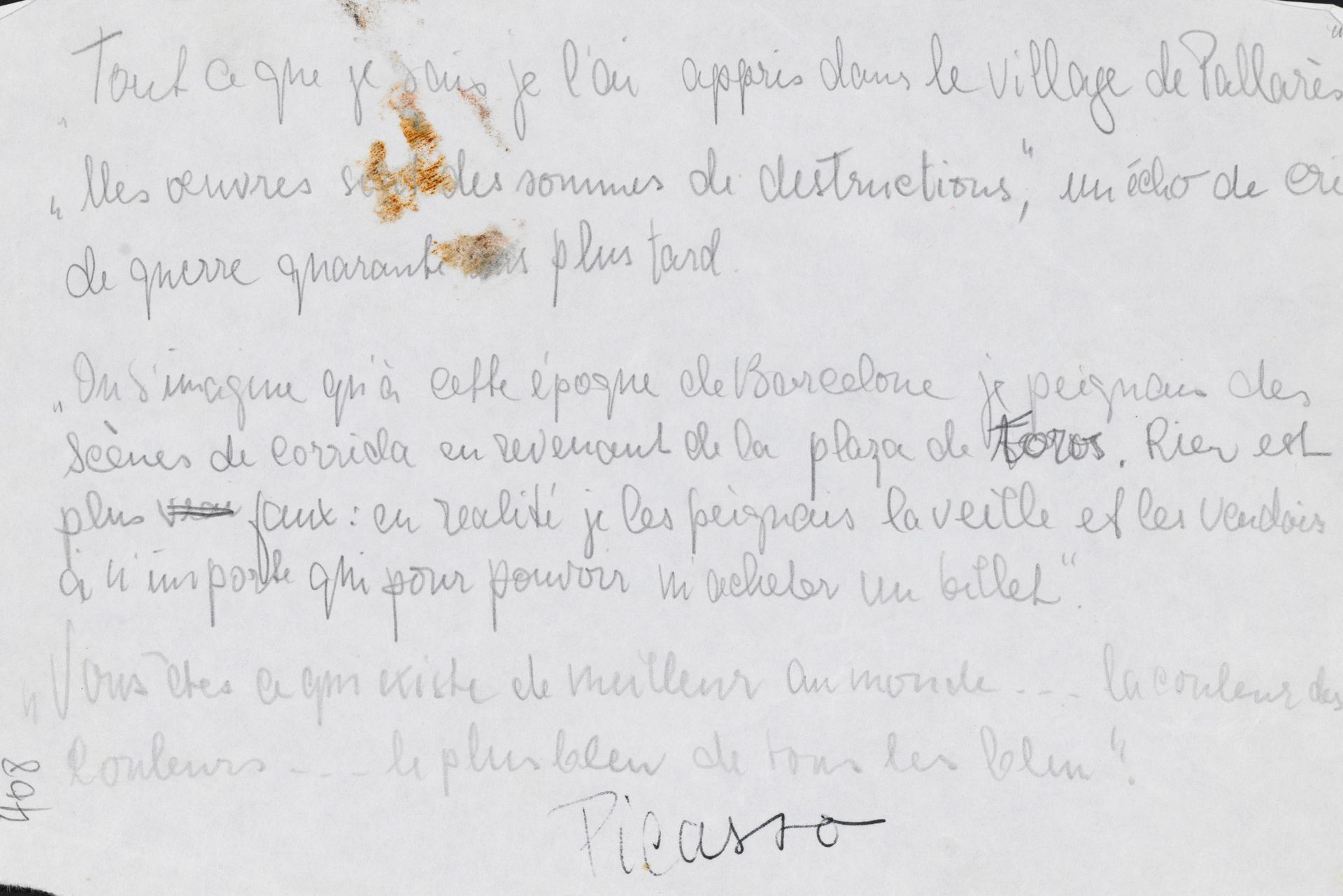 Richard de GRAB 理查德-德-格拉布写的文字，重复了毕加索的话，由毕加索的艺术家签名，在一张自由纸上 - 13,5 x 21cm - 有污点 - &hellip;