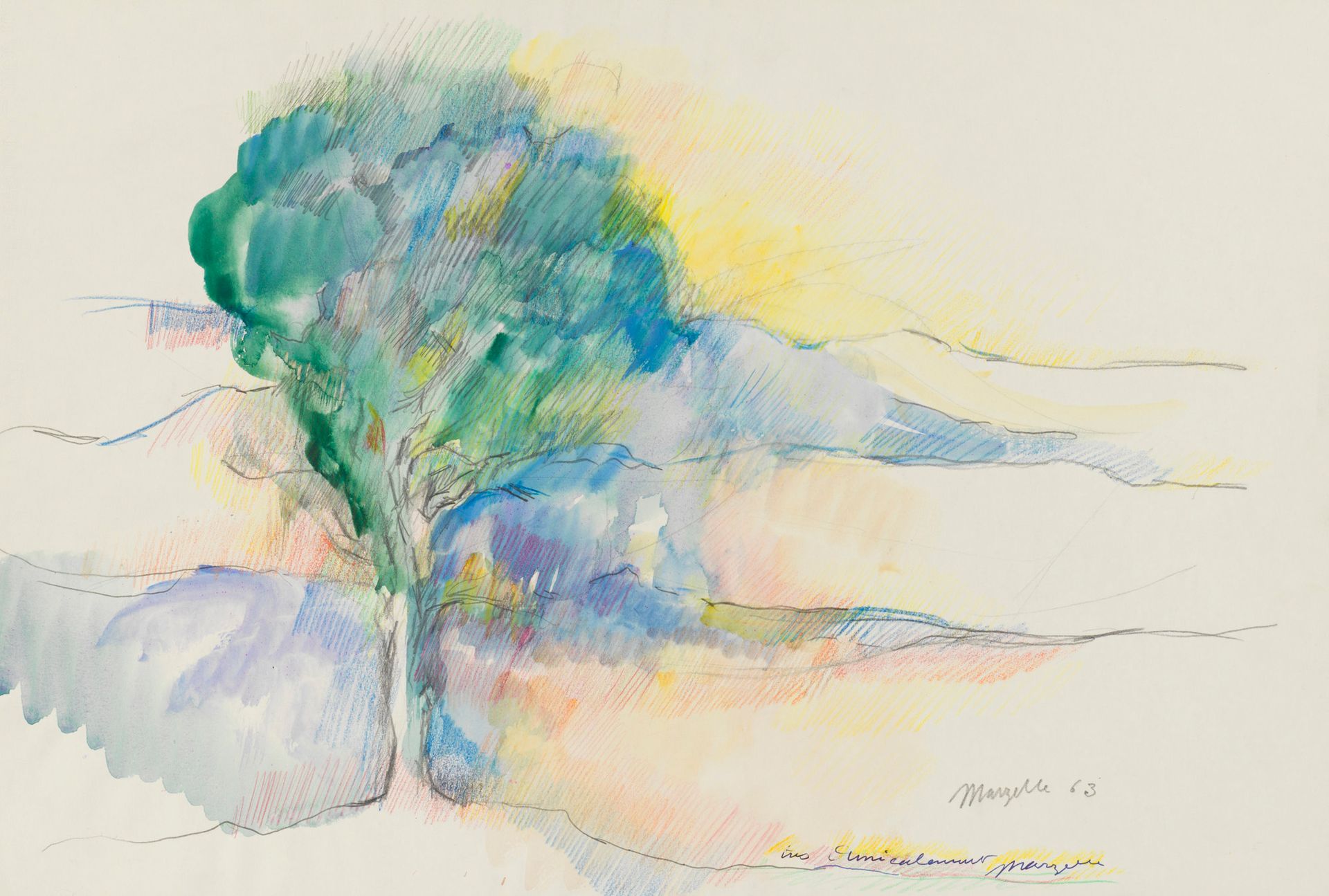 Jean MARZELLE Jean MARZELLE (1916-2005) - 树木和风景 - 水彩和铅笔 - 签名和日期(19)63 - 右下角有签名和献&hellip;