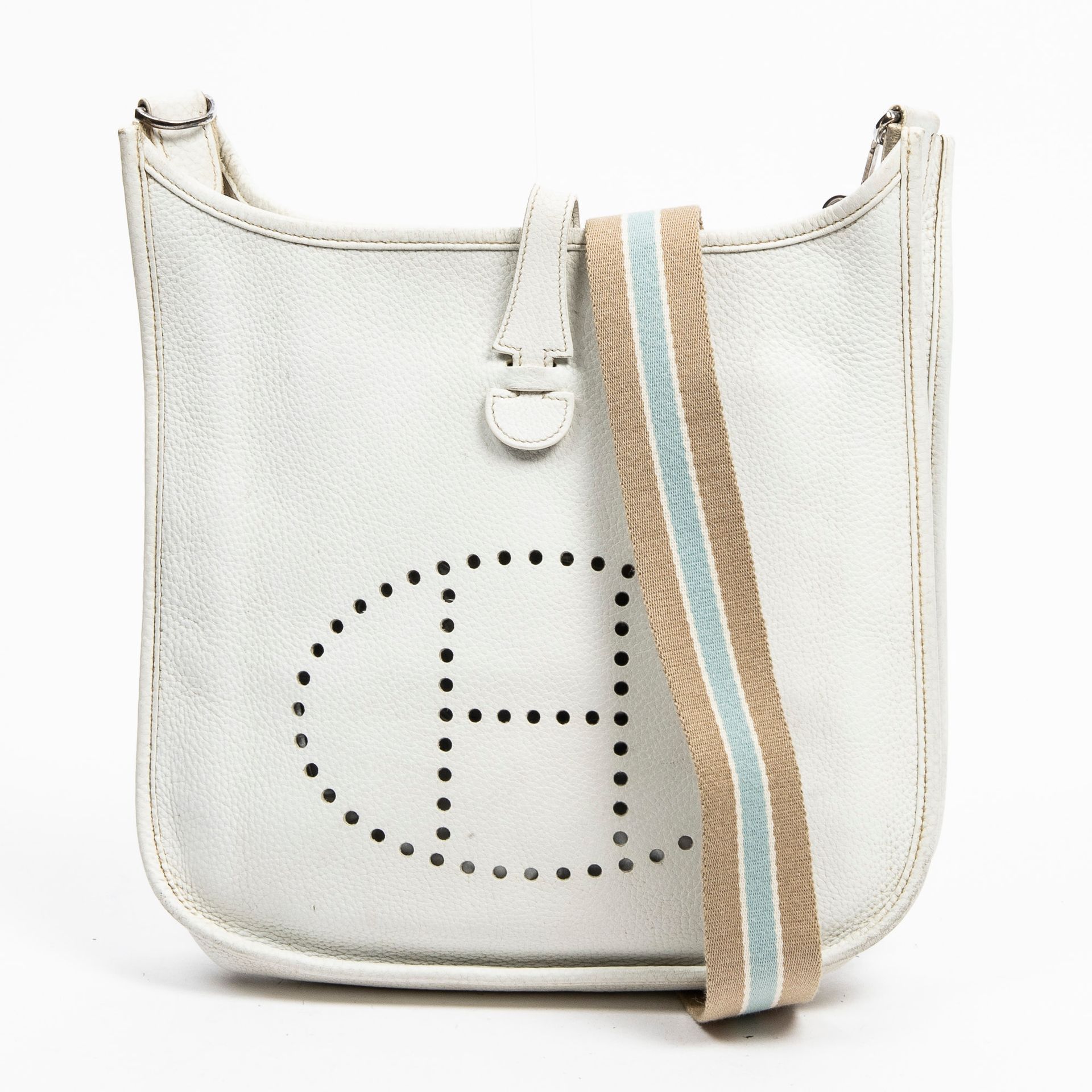 Hermès HERMES - Evelyne 1 bag in white grained calfskin - Grey and blue cotton s&hellip;