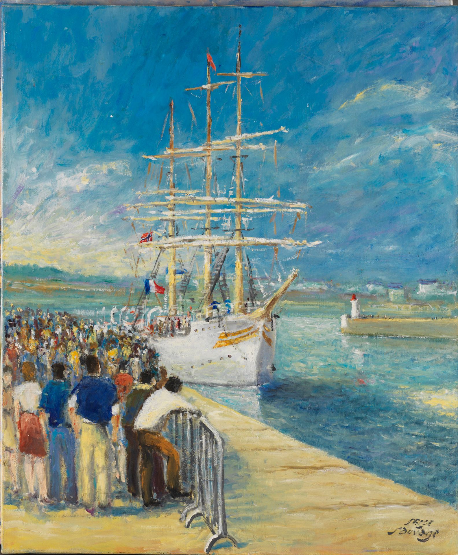 Serge SAUVAGE Serge SAUVAGE - Sailing boat in Saint-Malo - Oil on canvas signed &hellip;