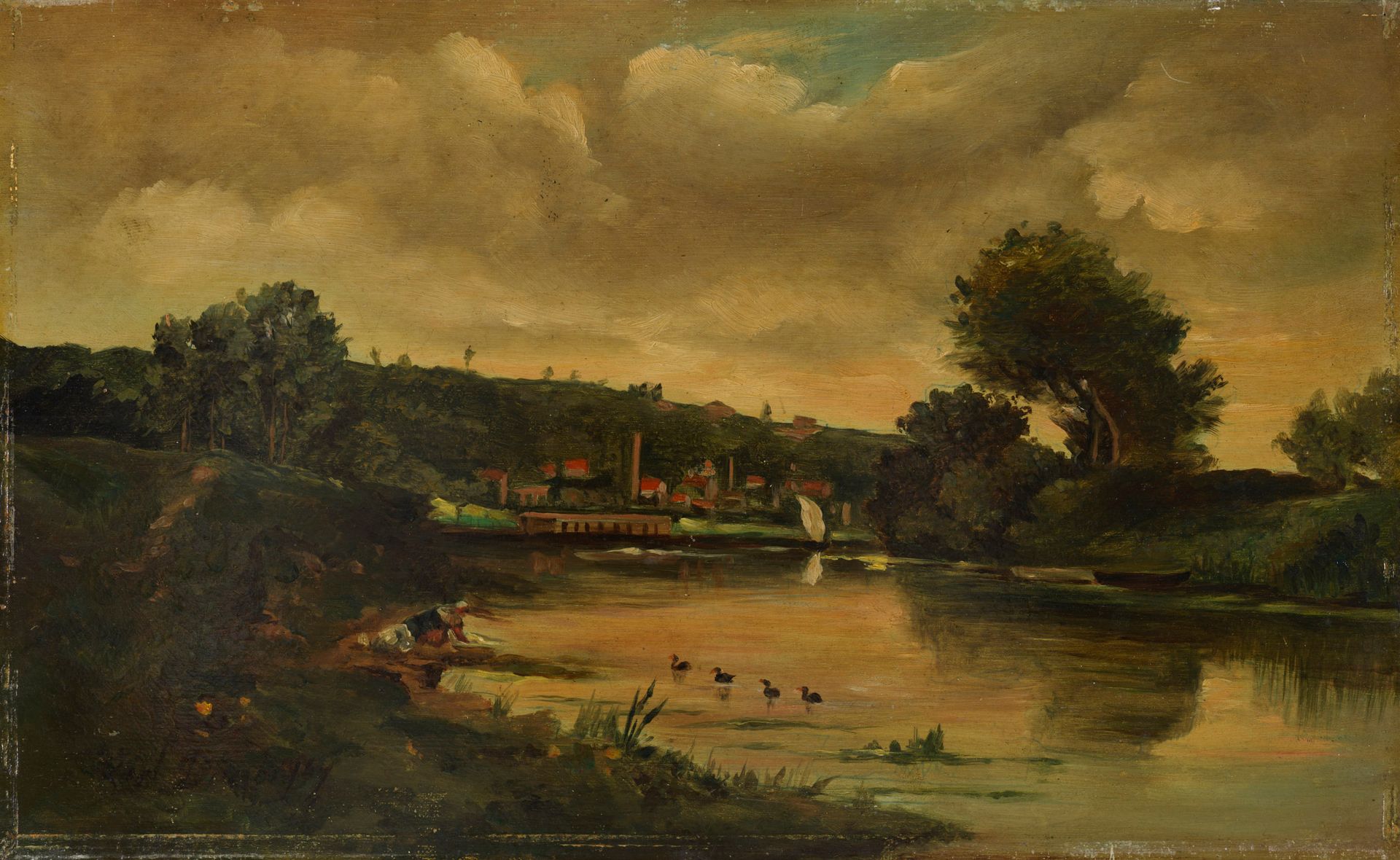 KARL DAUBIGNY 
Karl DAUBIGNY (1846-1886) - Lavandera junto al agua, en un paisaj&hellip;