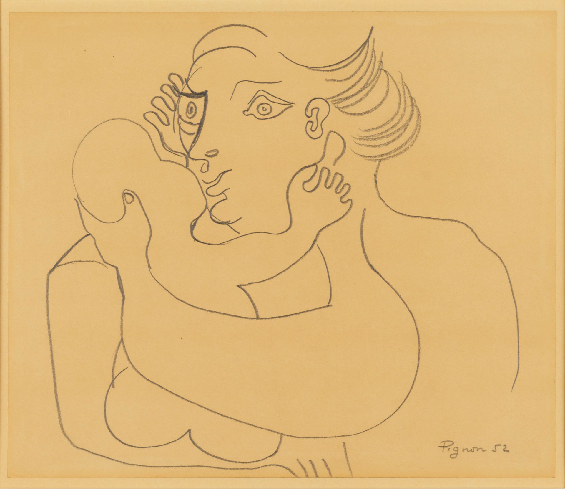 Edouard PIGNON 
Edouard PIGNON (1905-1993) - 母亲和孩子 - 铅笔签名，右下方有日期(19)52 - 20,7 x &hellip;