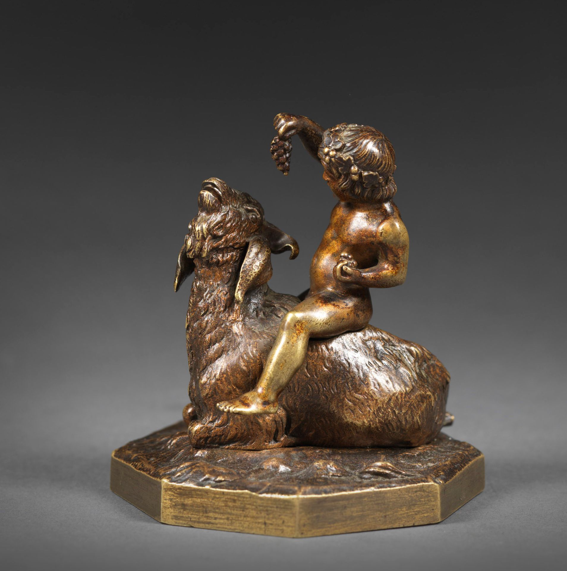 Antoine-Louis BARYE 安东尼-路易-巴里（1795-1875）--坐在山羊身上的巴克斯儿童--棕色铜锈的青铜器--1850年左右由艺术家铸造-&hellip;