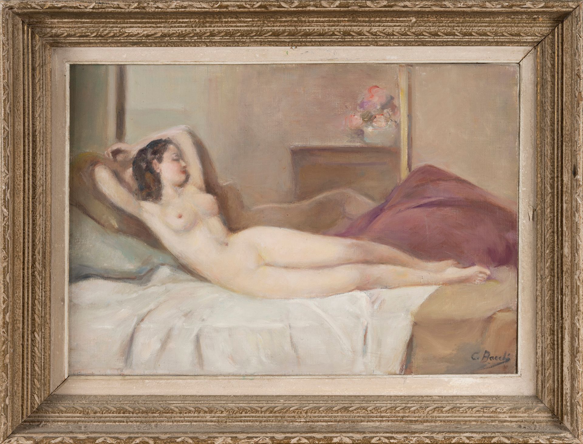 Cesare BACCHI Cesare BACCHI (1891-1971) - 躺在床上的年轻女人 - 布面油画，右下角签名 - 38 x 55 cm