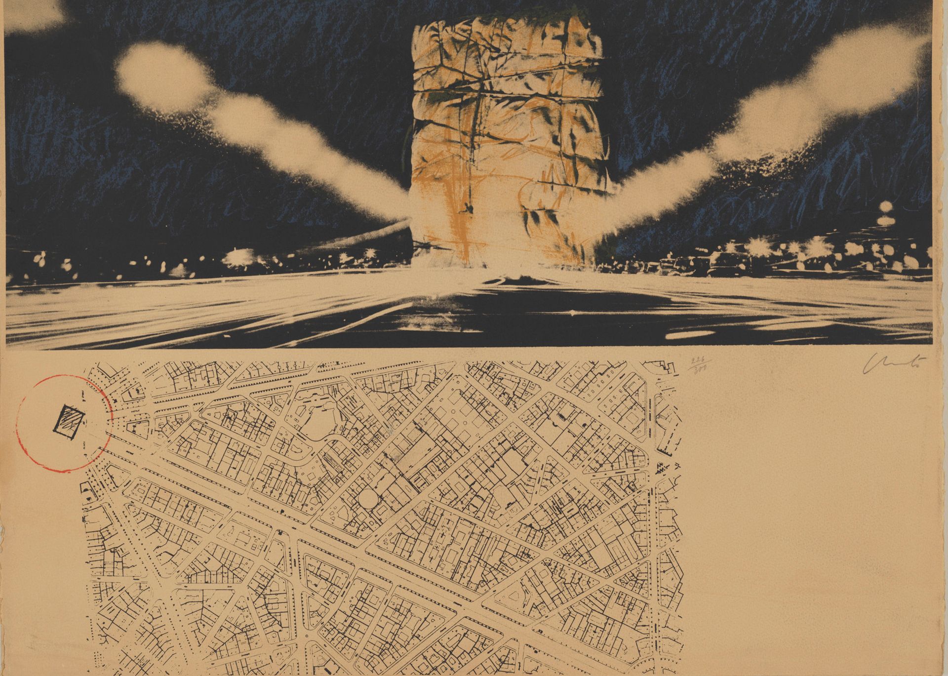 CHRISTO 克里斯托(1935-2020)--凯旋门的包装项目--石版画，中央右侧铅笔签名，注明226/300 - 48,3 x 66 cm
