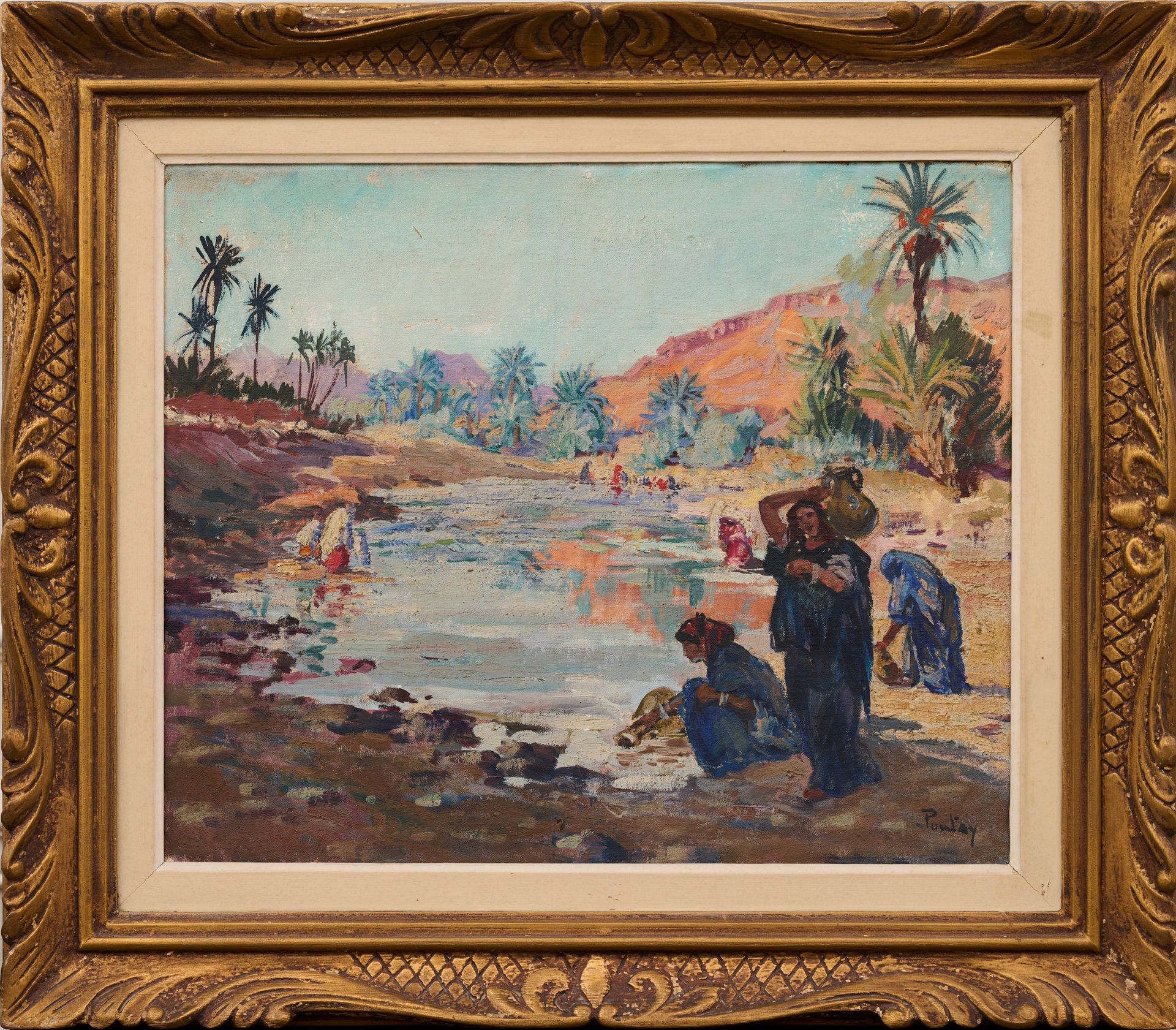 Henri PONTOY Henri PONTOY - Au bord de l'Oued - 布面油画，右下角有签名 - 44 x 54 cm -- 缺少小部&hellip;