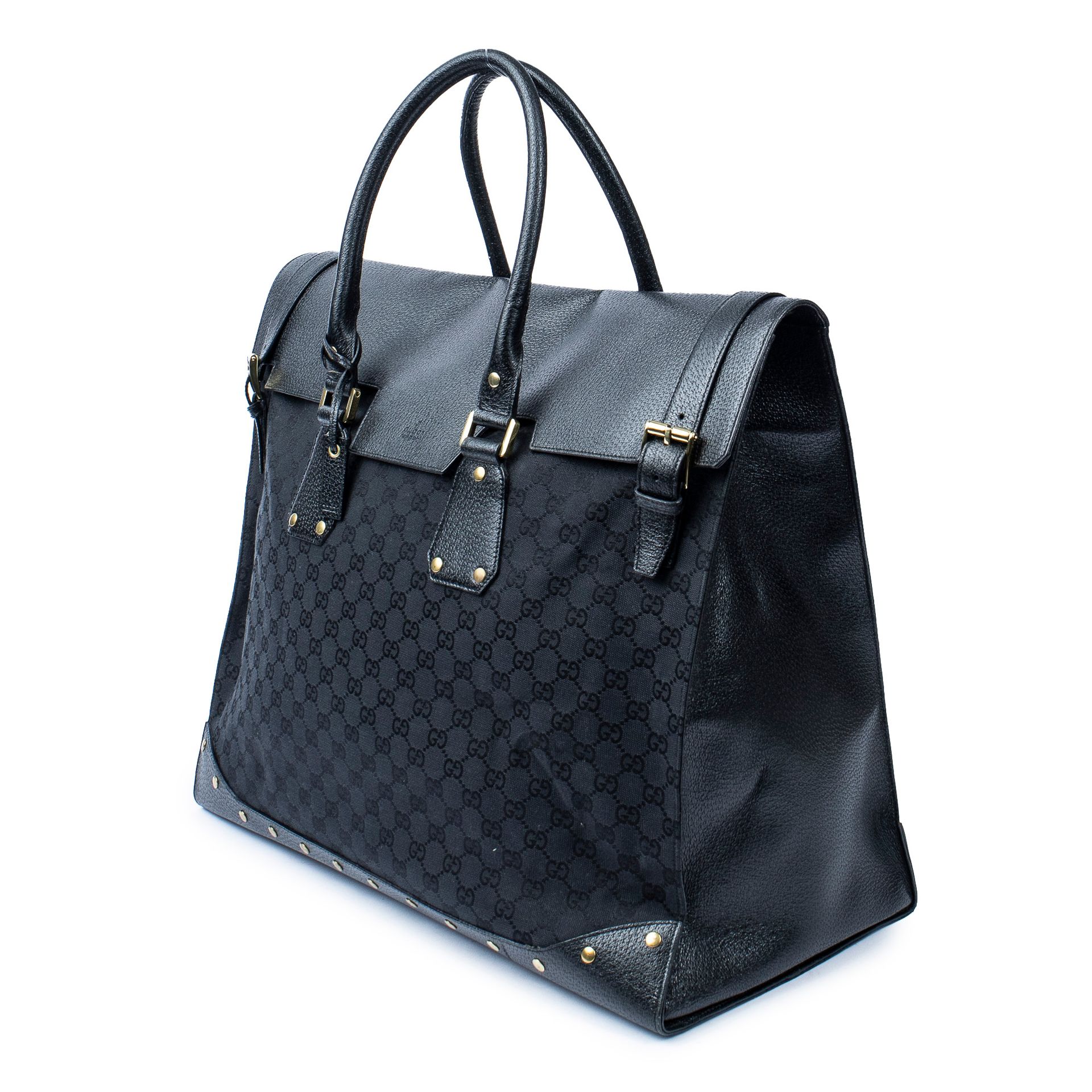 Gucci GUCCI- Bolsa de viaje de lona tejida con monograma y piel granulada negra &hellip;