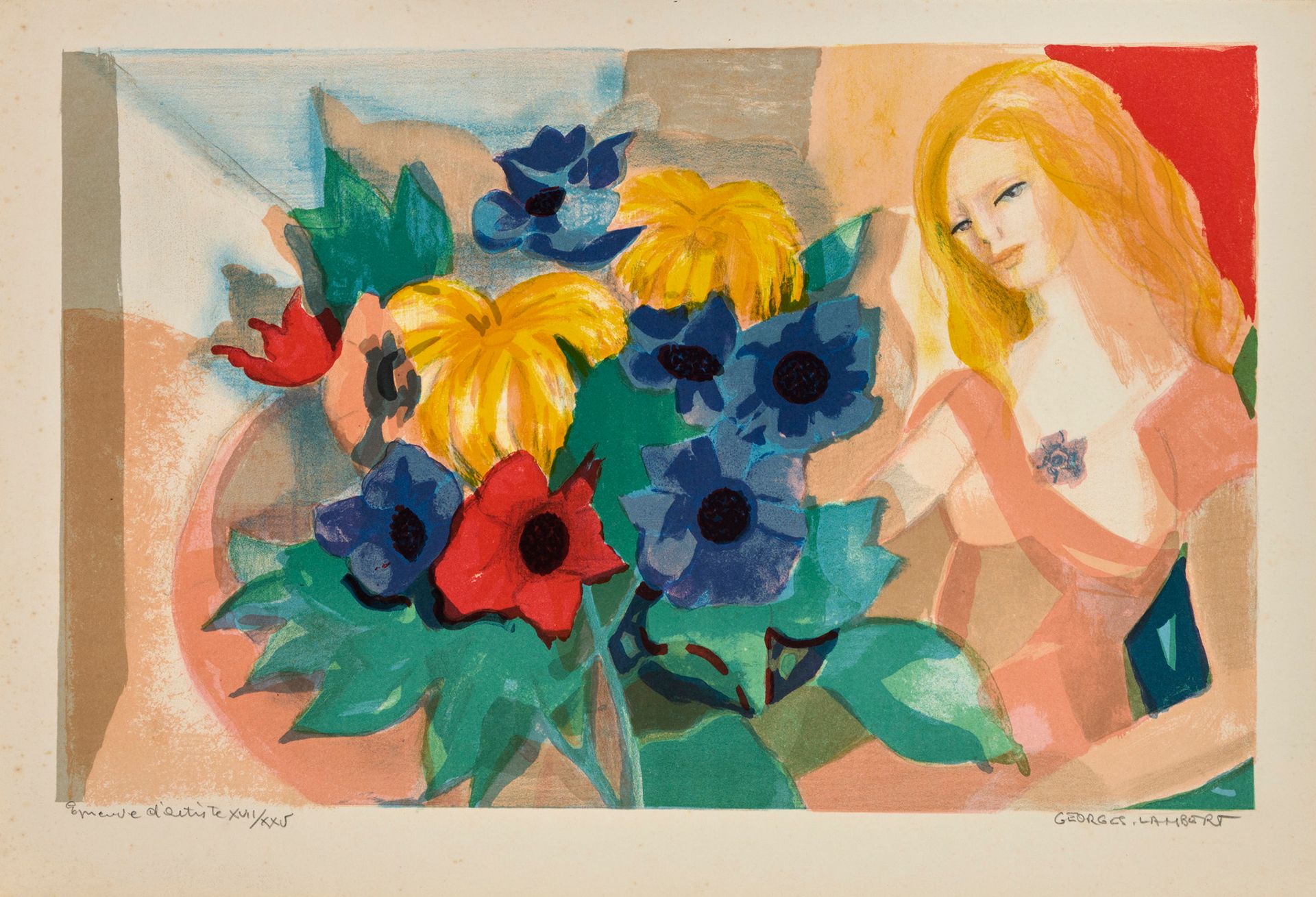 Georges Lambert Georges LAMBERT (1919-1998) - Jeune femme aux fleurs - Lithograp&hellip;